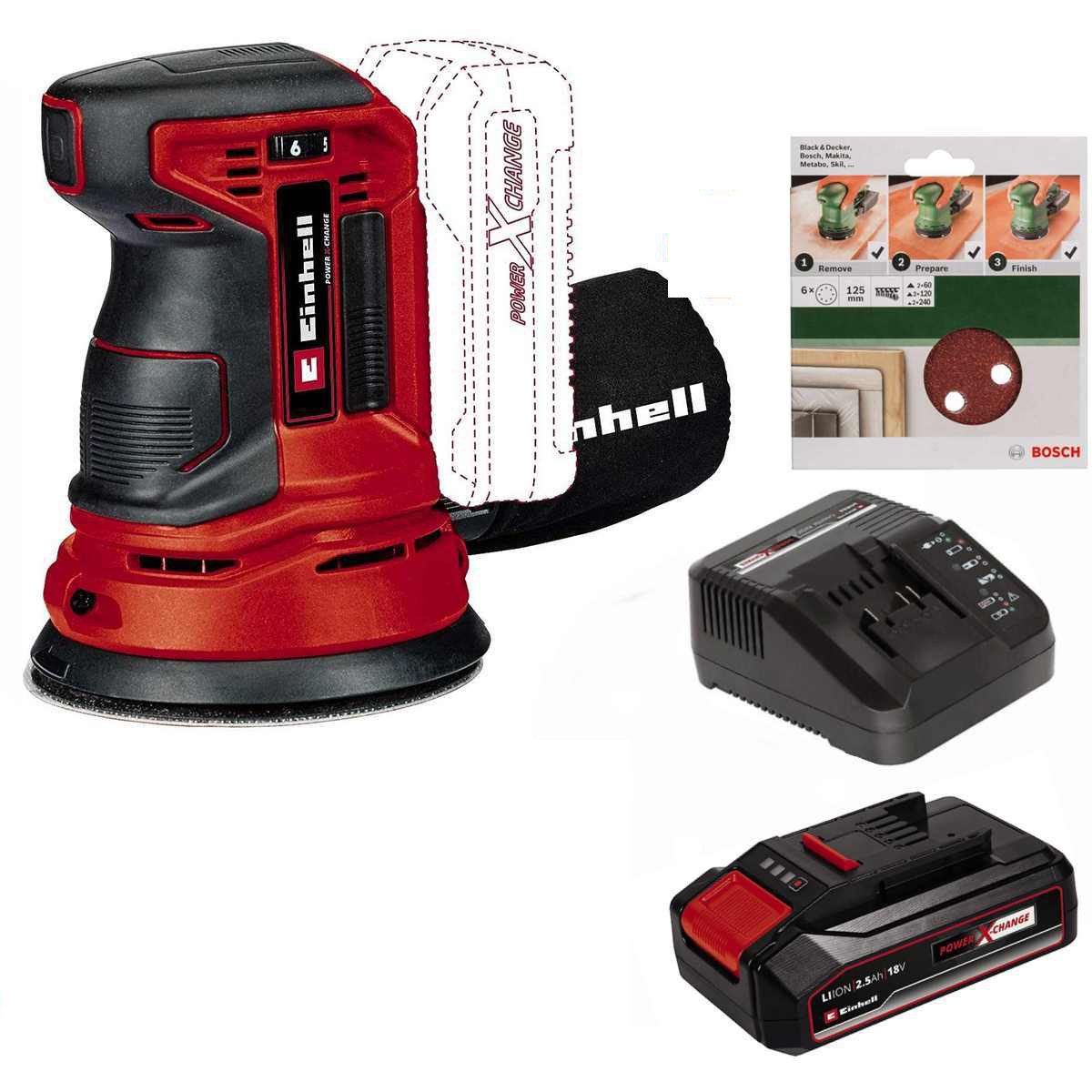 Einhell Akku-Exzenterschleifer Орбитальная шлифовальная машина TE-RS 18V +2.5 Ah Akku +Bosch 6tlg Schleifblattset