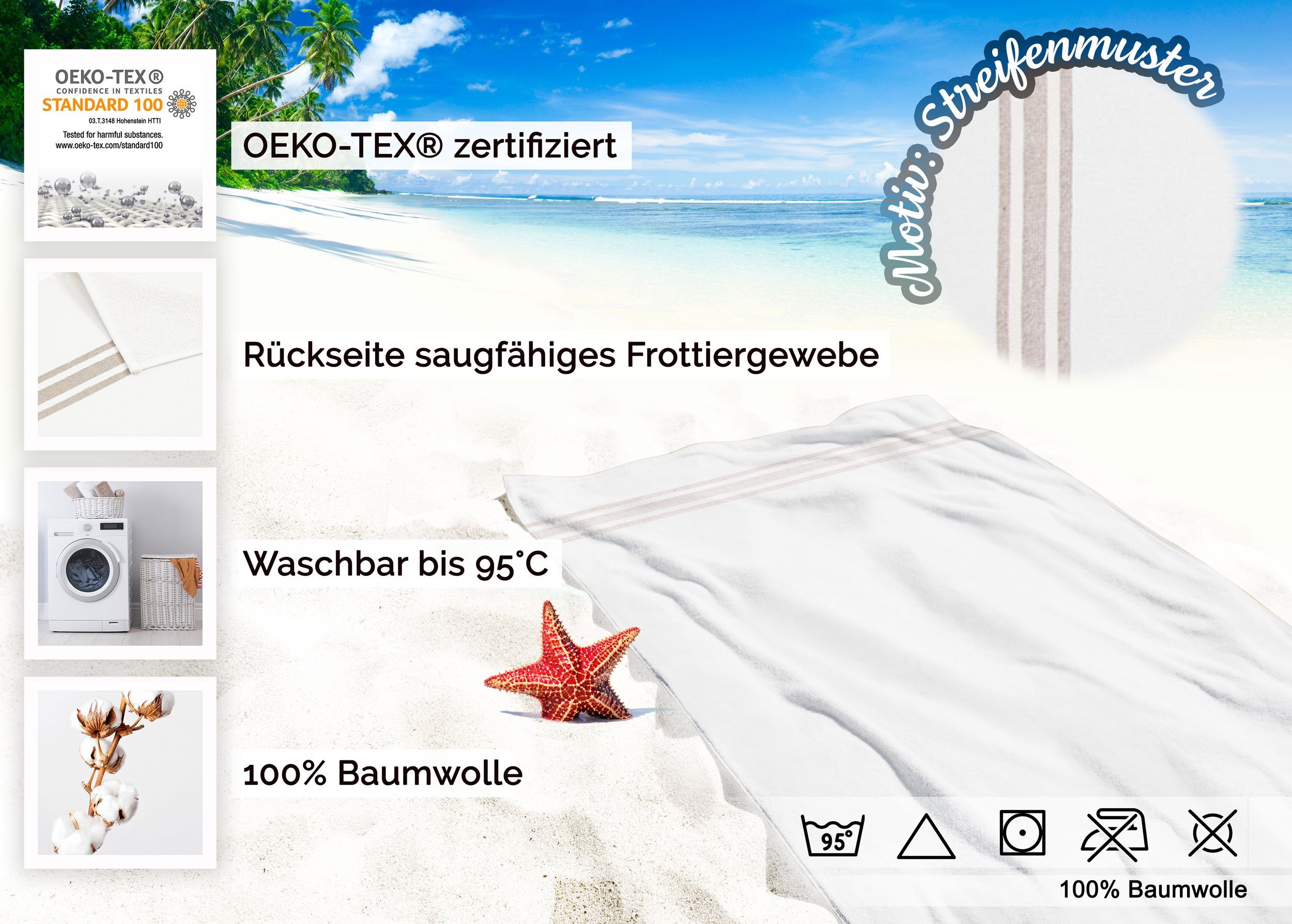 Strandtuch, ZOLLNER Baumwolle 100% cm, weiß x Baumwolle 70 (1-St), 180