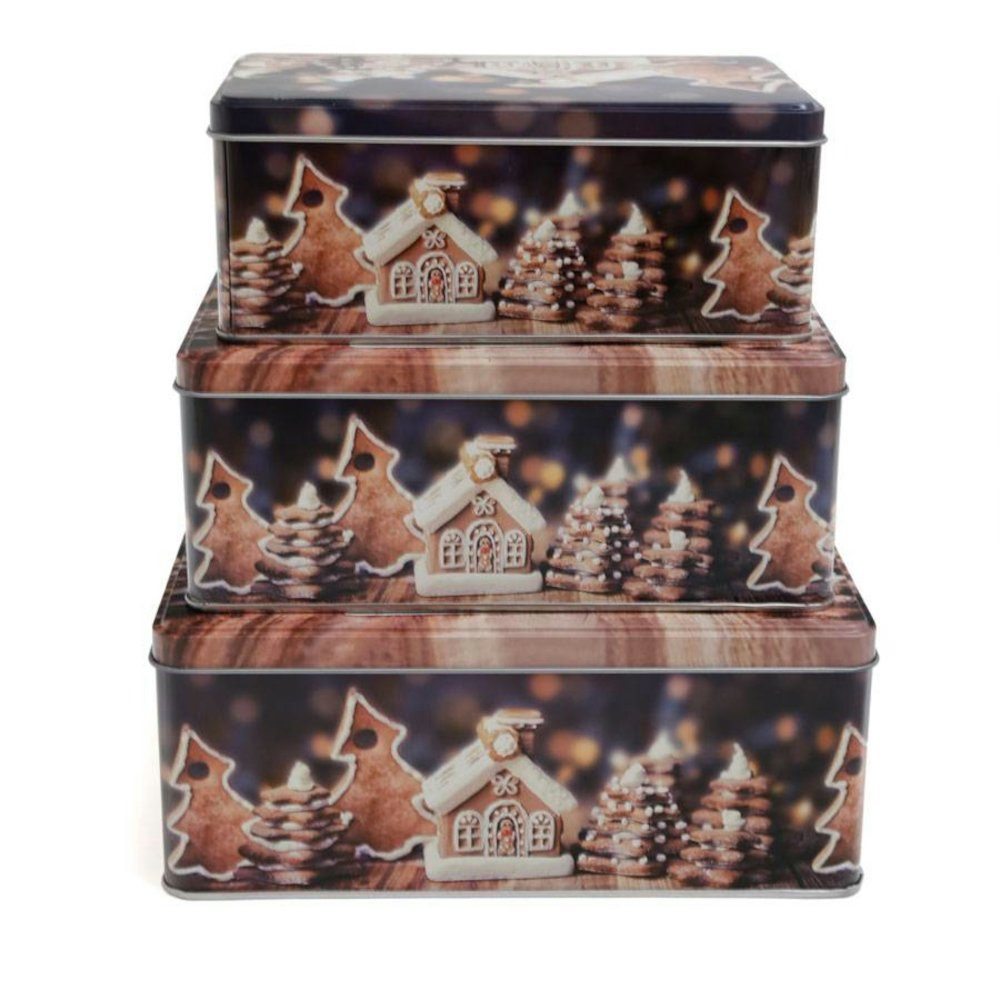 Haushalt International Keksdose, Metall, Set (3-tlg) - Rechteckig - Weihnachten - Lebkuchendorf