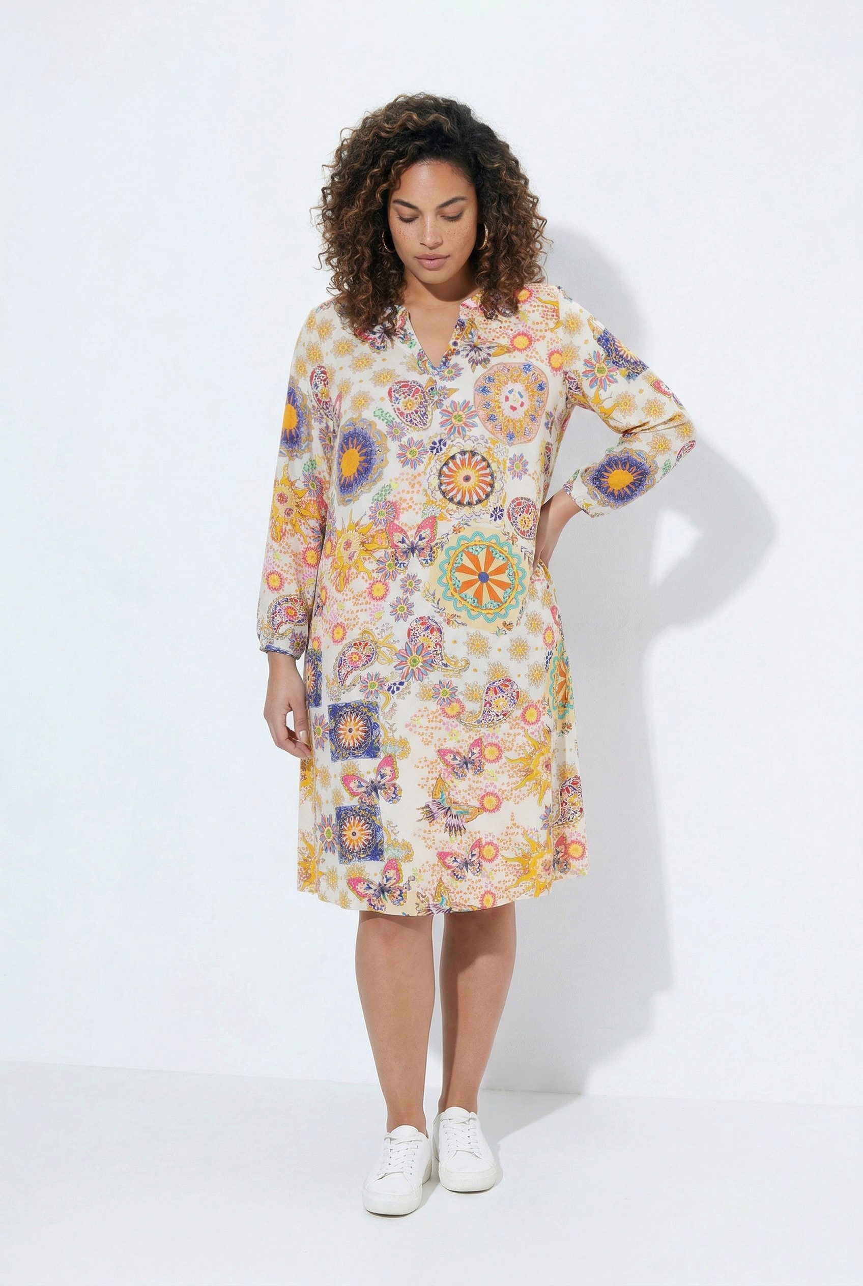 Jerseykleid Midikleid A-Linie Allover-Muster Langarm