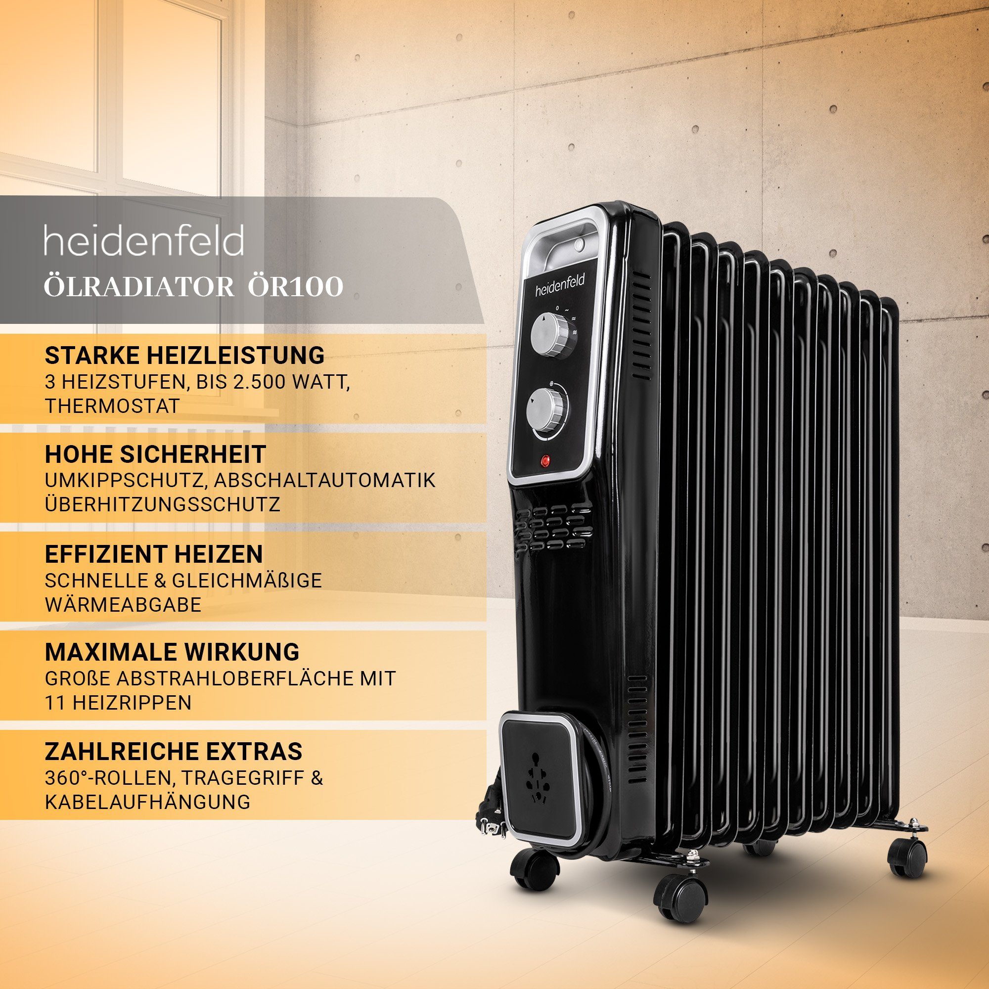 Heidenfeld Ölradiator Mobiler Elektro Heizkörper ÖR100 günstig online kaufen