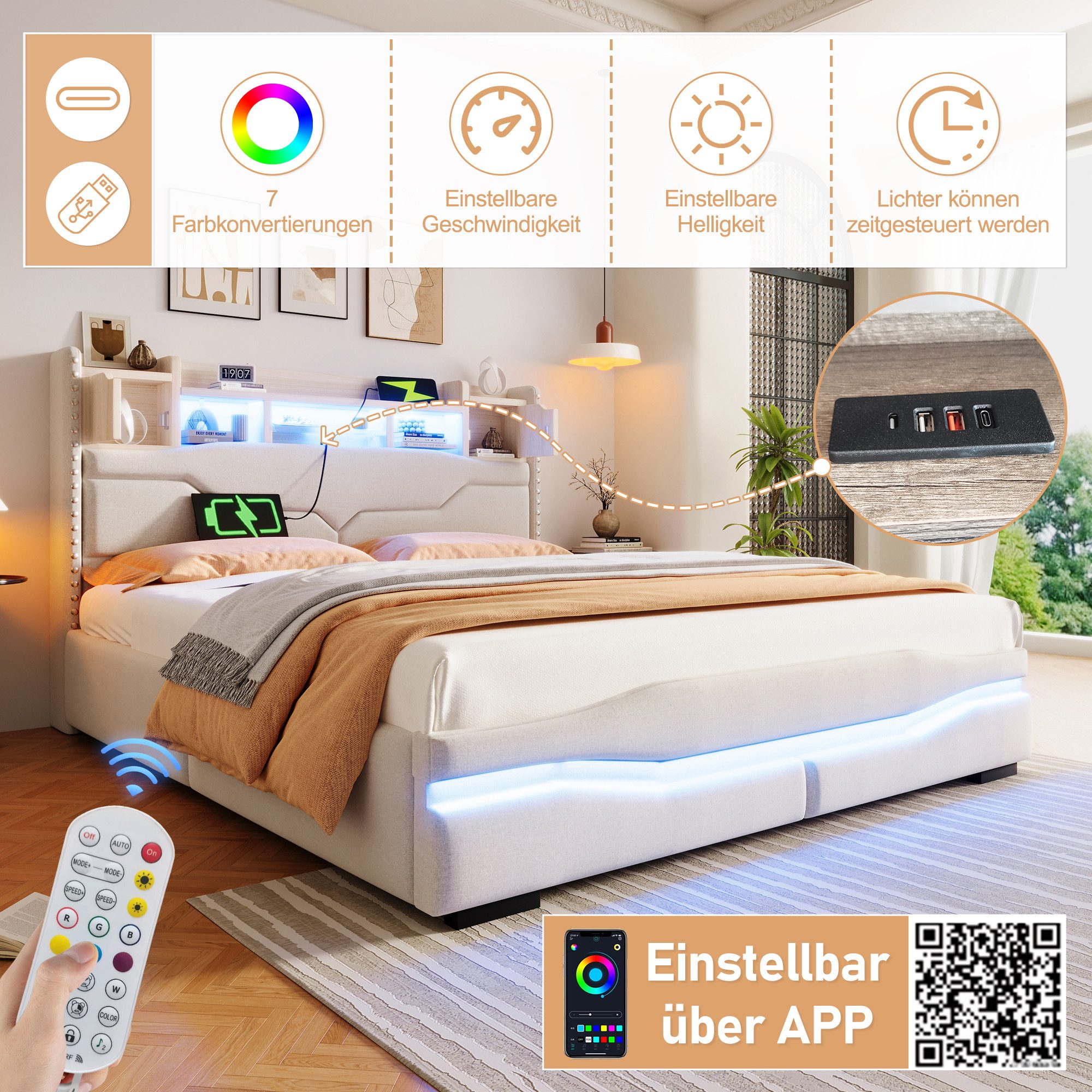 REDOM Polsterbett mit hydraulischem Stauraum, LED-Beleuchtung günstig online kaufen