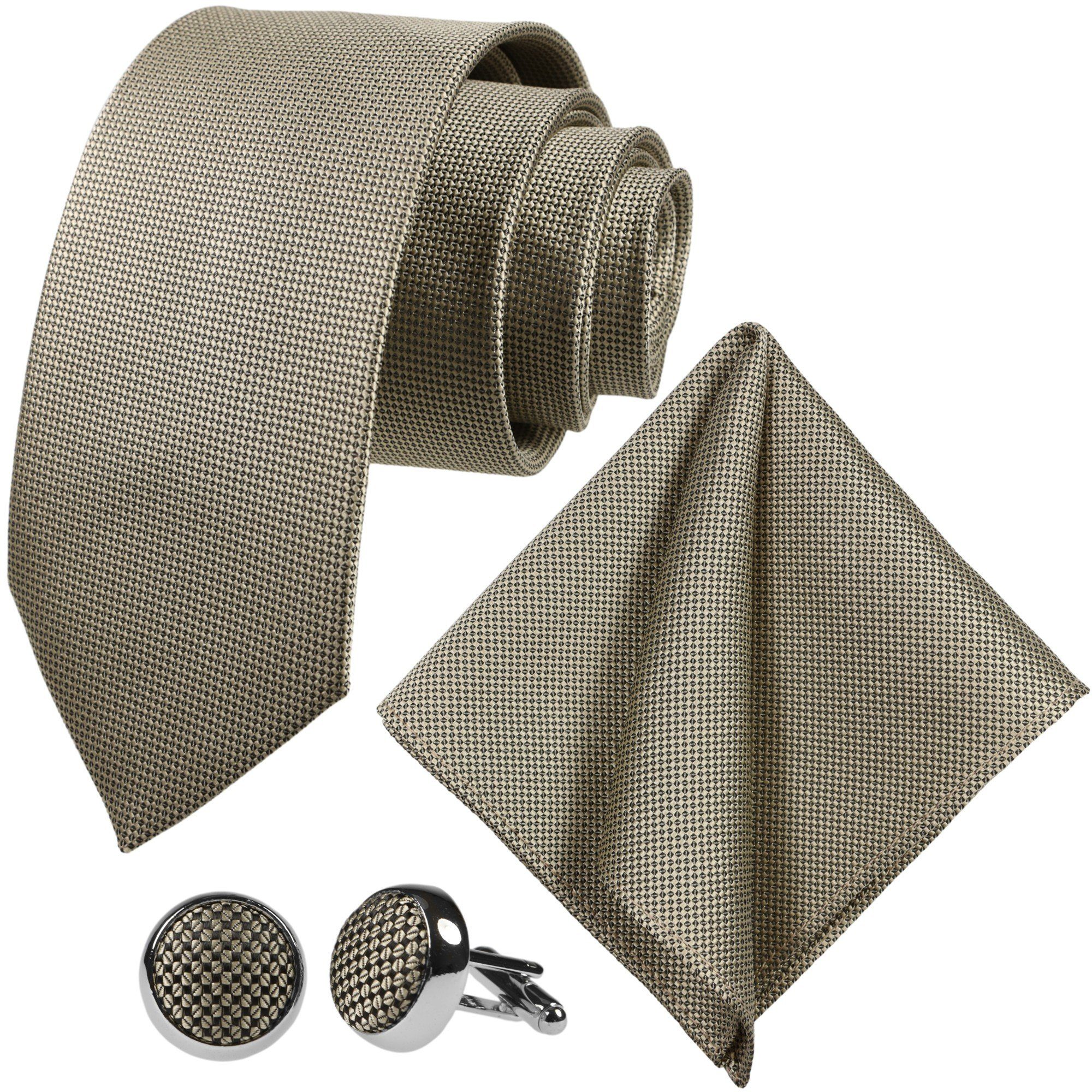 GASSANI Krawatte Hochzeitskrawatte Festlich, Herren-Krawatte Hochzeit Schlips zum Sakko (Set, 3-St., Галстукиset, mit Einstecktuch, Manschettenknöpfe) Breit (8cm), Grid, Klein-Kariert, Pique, Fein Karo, Matt, Seide-Touch