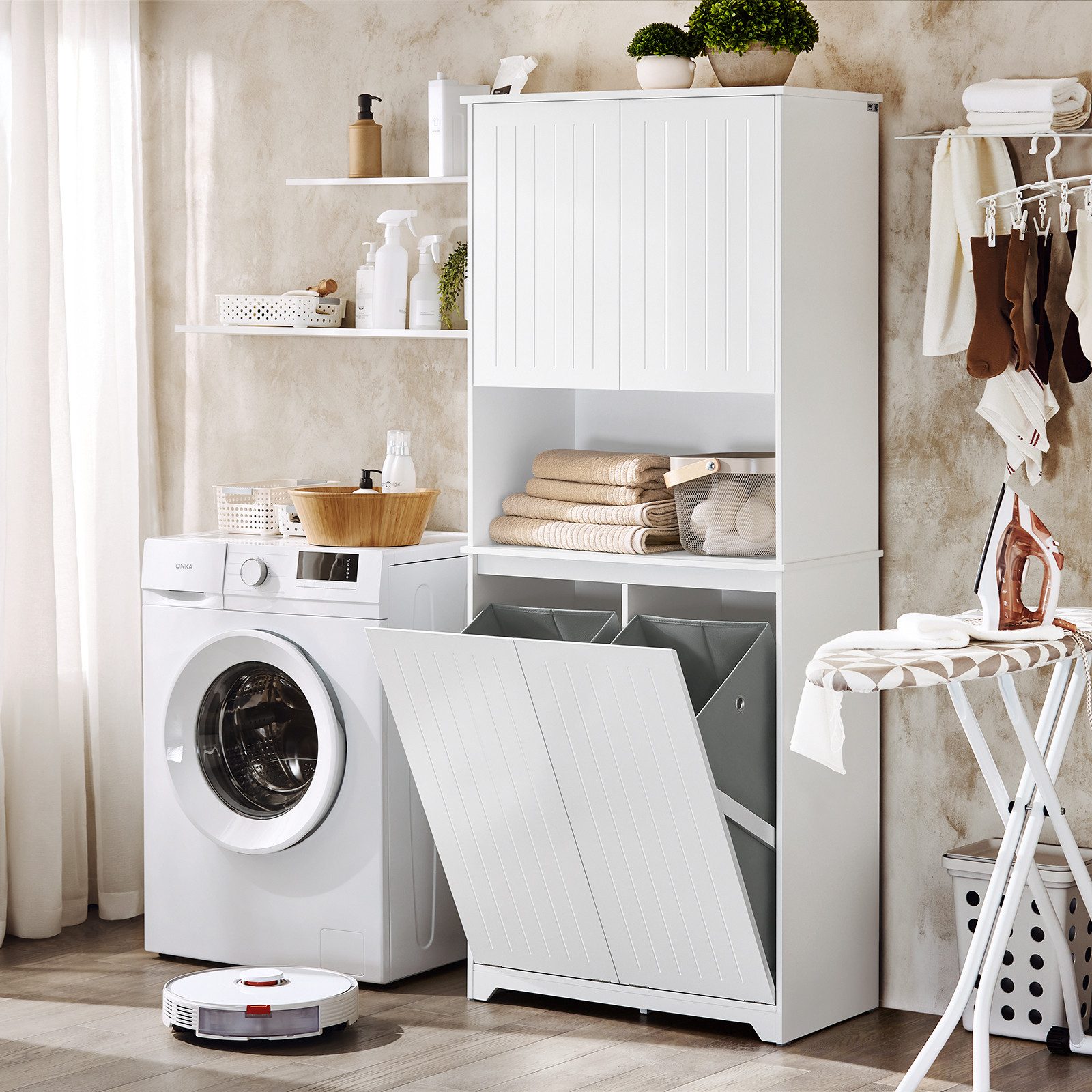 SoBuy Hochschrank BZR150, Badschrank schmal, mit Regal, Badmöbel Badezimmerschrank mit Wäschesack Wäscheschrank Badschrank Hochschrank