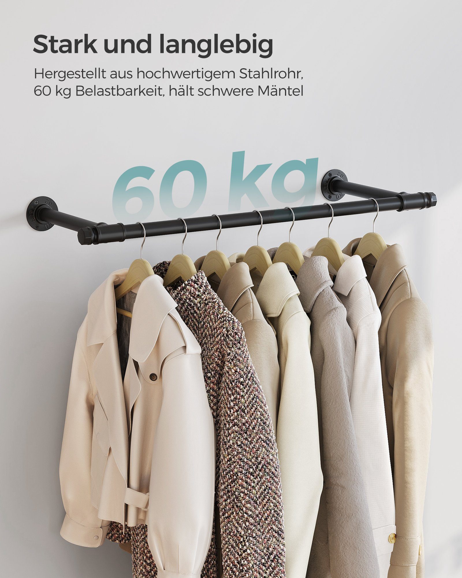 SONGMICS Kleiderstange Kleiderstange für die Wand, Kleiderständer Wandmontage, Industrie (2 St), 2er Set, 30 x 84 x 7 cm, 60 kg Belastbarkeit, einfache Montage – Bild 5 von 5