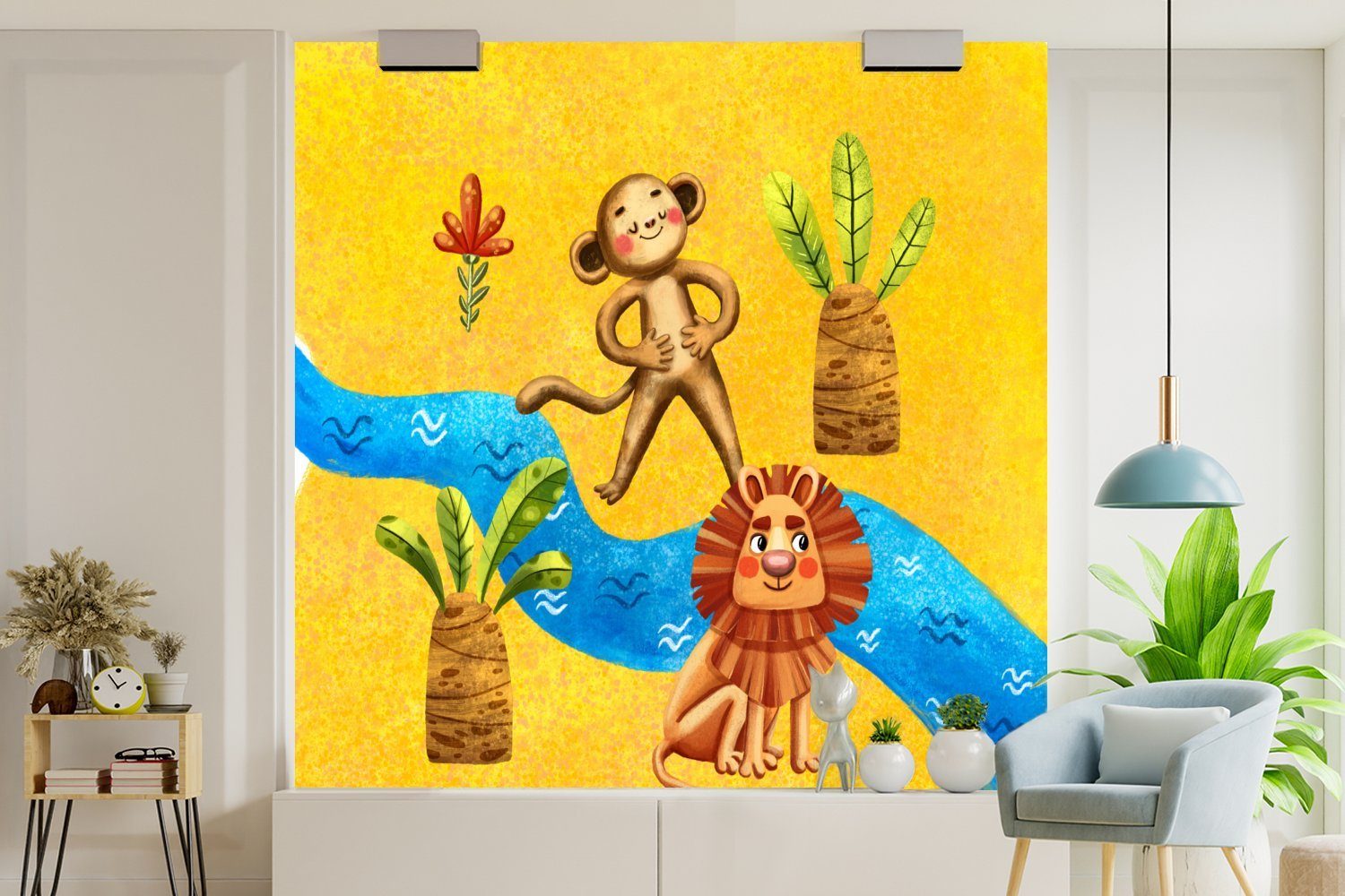 MuchoWow Fototapete Affe Dschungel für St), Tapete Schlafzimmer, Wohnzimmer Fluss, bedruckt, - Wandtapete - (5 Vinyl - Löwe oder Matt