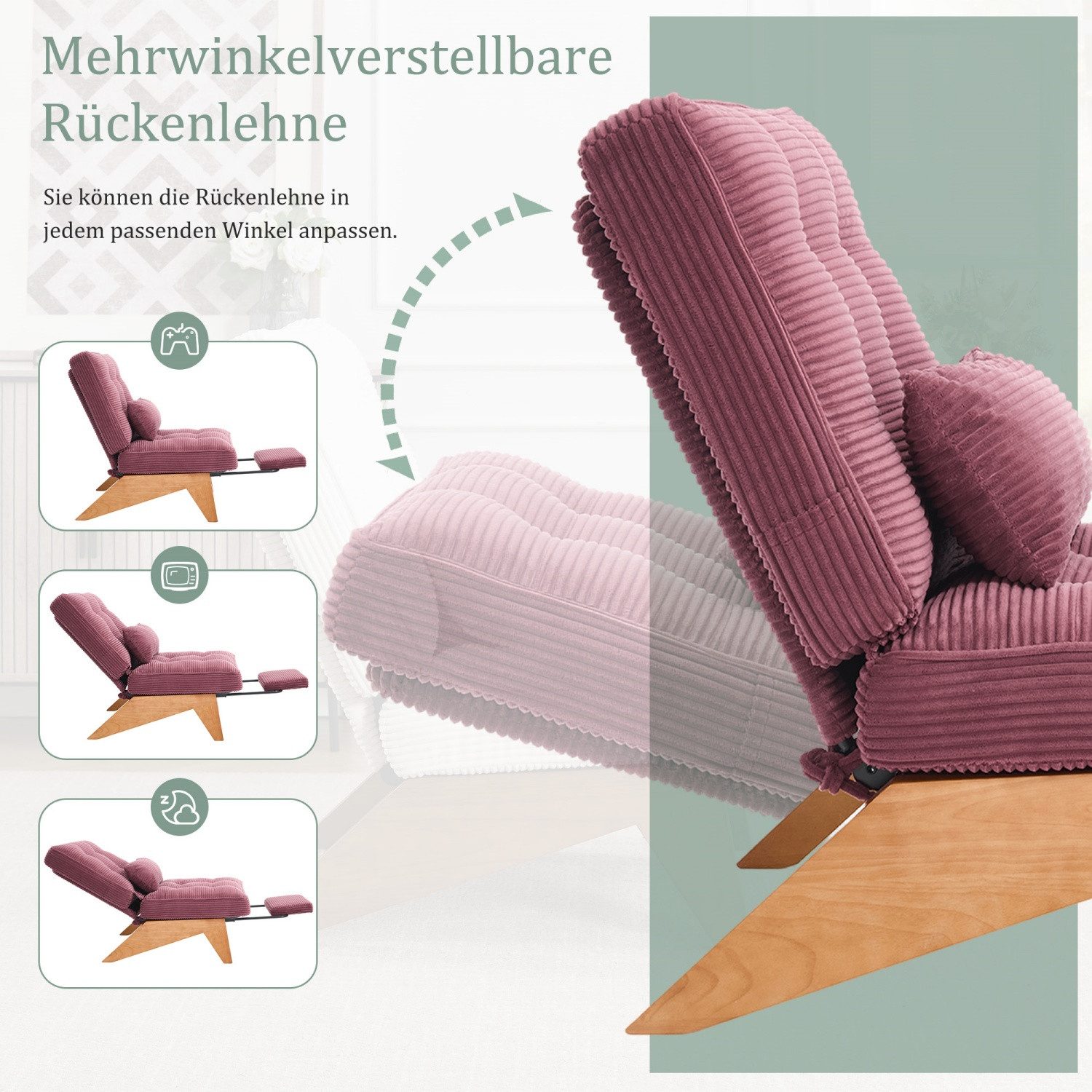 ANYSUN Loungesessel Relaxsessel aus Kord,mit Fußstütze & Lendenkissen (verstellbare Rückenlehne, integrierte ausziehbare Fußstütze, 1-St), für Wohnzimmer/Schlaf – Bild 4 von 5
