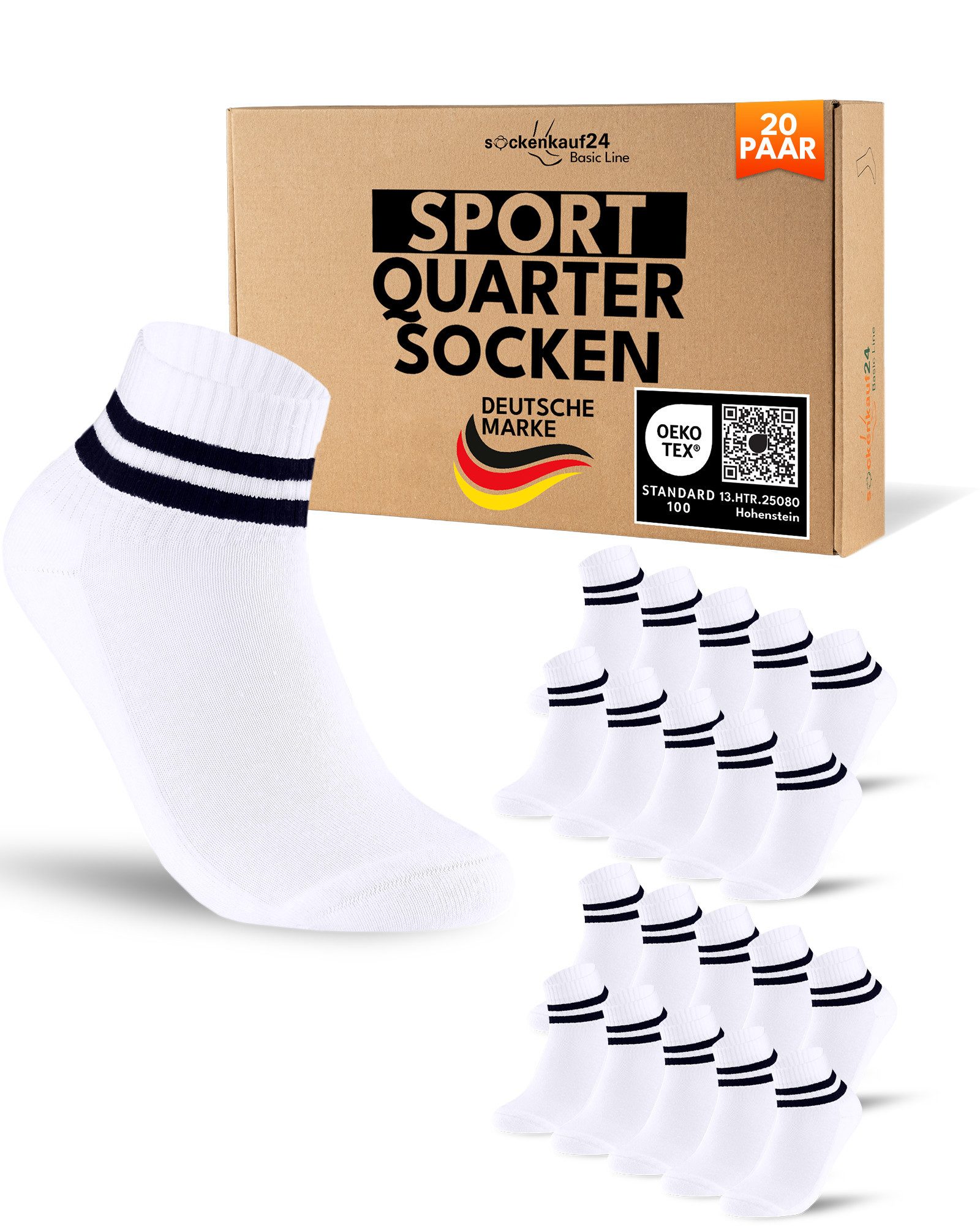 sockenkauf24 Sportsocken 10 Paar kurze Tennissocken Quarter Sportsocken Herren Damen Baumwolle (20-Paar) verstärkte Ferse & Fußspitze, gepolsterte Sohle, Atmungsaktiv