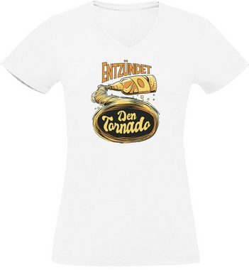 MyDesign24 T-Shirt Damen Oktoberfest T-Shirt - Entzündet den Tornado V-Ausschnitt Print Shirt Slim Fit, i302