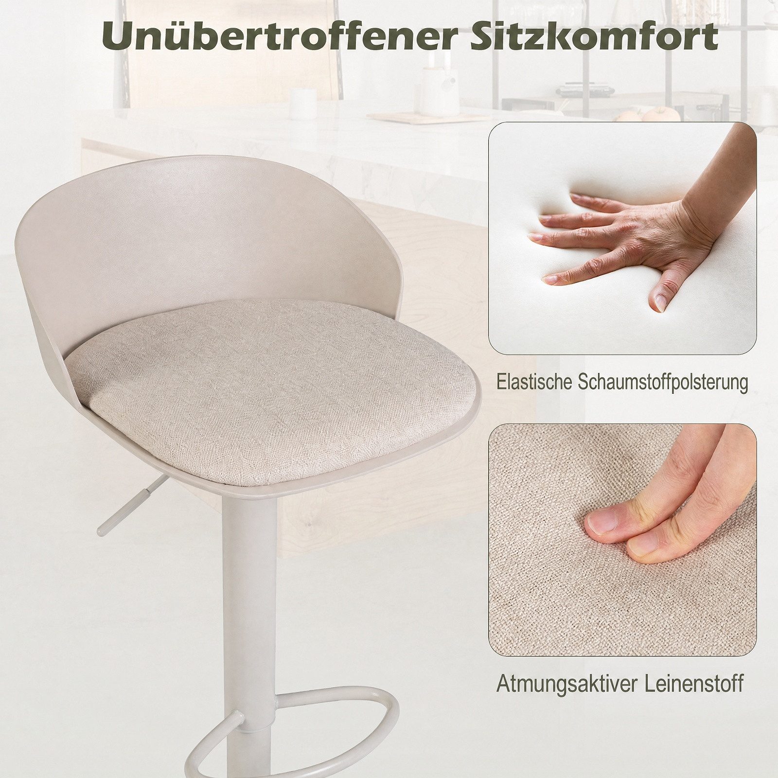 COSTWAY Barhocker 2er Set 360° drehbar höhenverstellbar, beige Drehstuhl gepolstert 150kg – Bild 3 von 5
