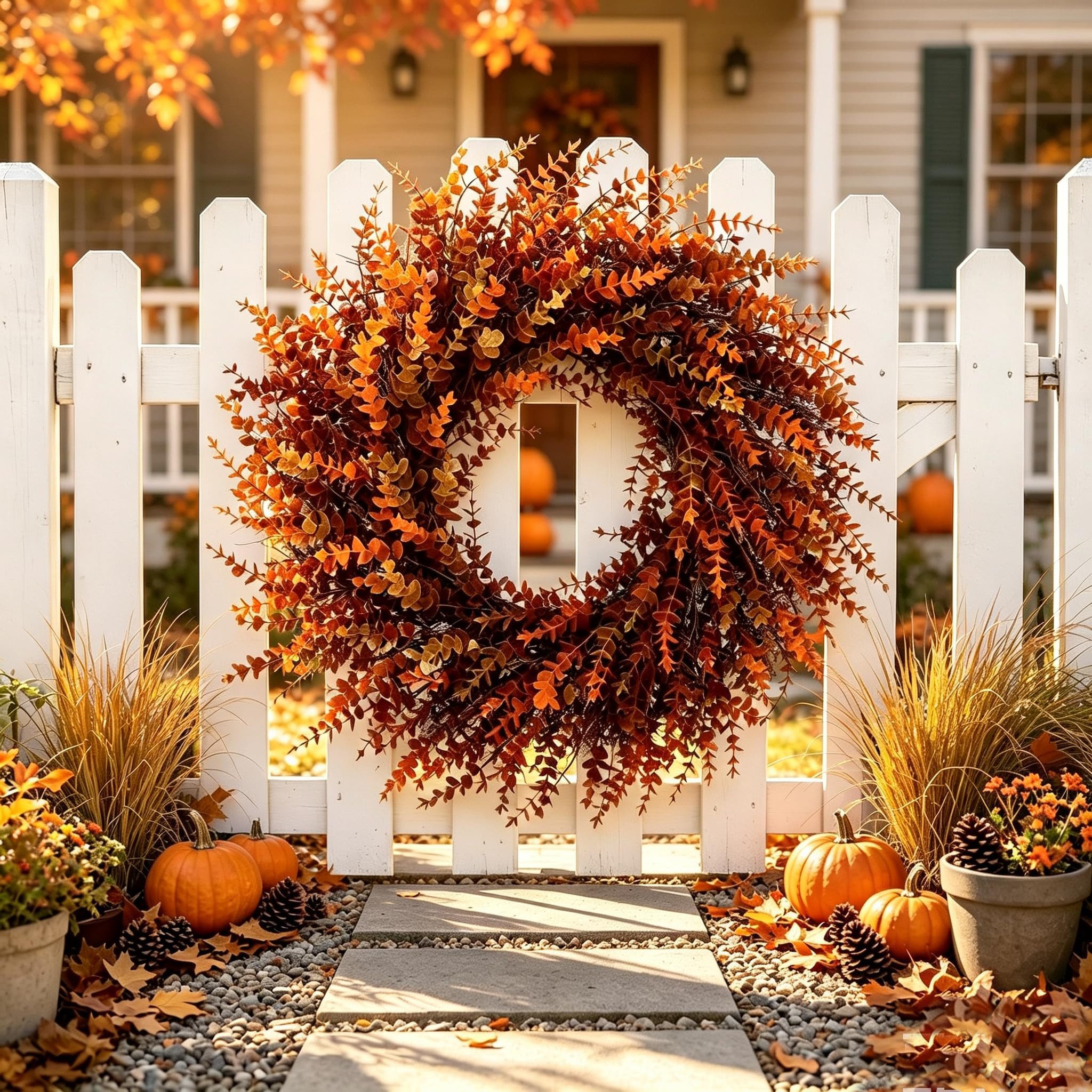 Sorvyzxn Dekokranz Großer künstlicher Eukalyptus-Herbstkranz (70 cm, Herbst-Orange), Künstlicher Herbstkranz Deko für Thanksgiving, Landhausstil – Bild 5 von 5