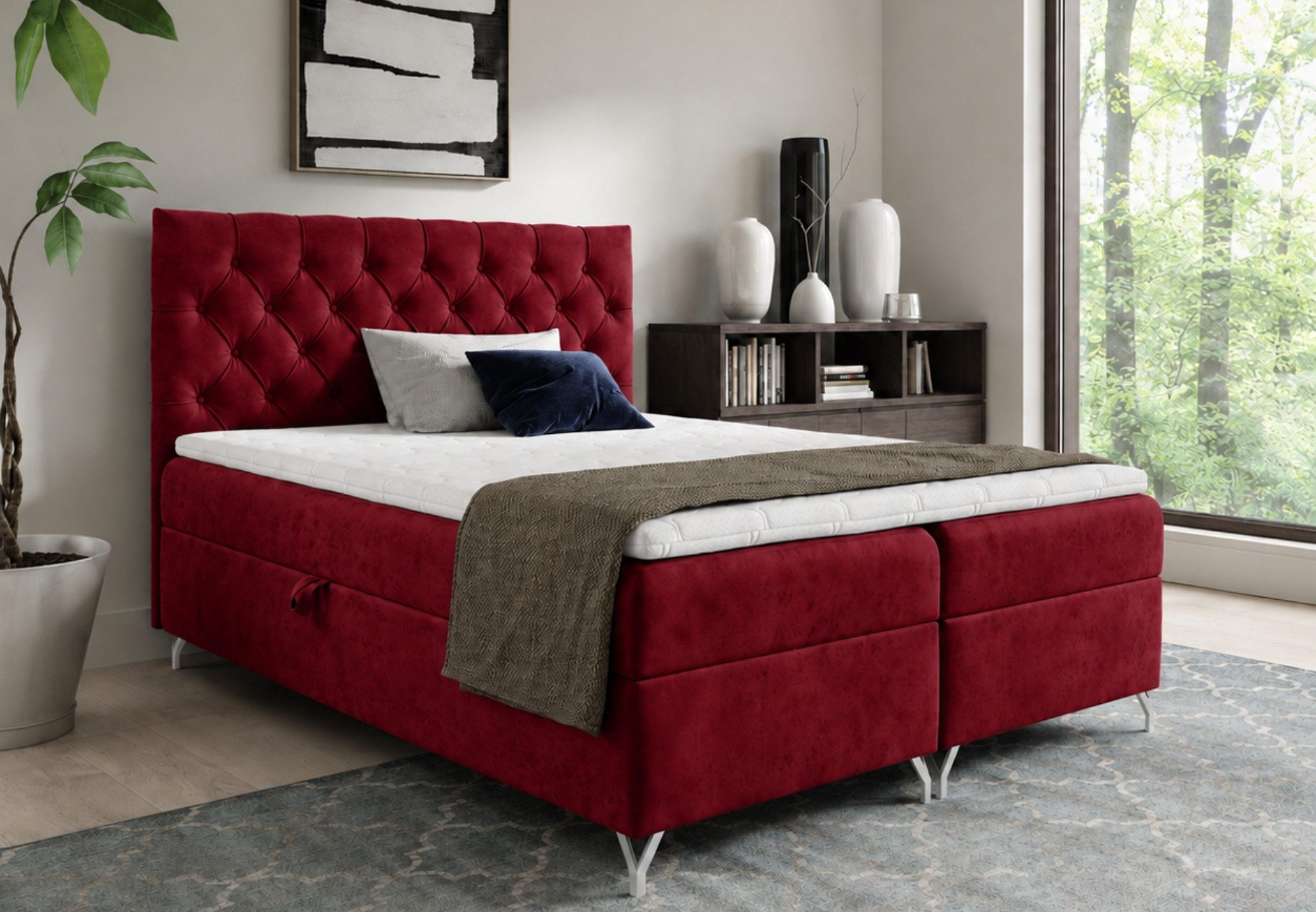Home Collective Boxspringbett Bett Doppelbett mit Bettkasten Polsterbett Stauraum Samtstoff (Größen 120x200, 140x200, 160x200, 180x200, 200x200 cm), Bonell-Federkern und Topper, Metallfüße Rot