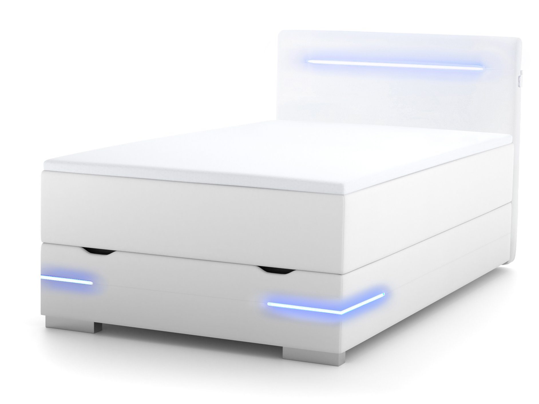 wonello Boxspringbett Dallas, inkl. LED-Beleuchtung, Bettkasten, 2x USB-Anschluss und Topper