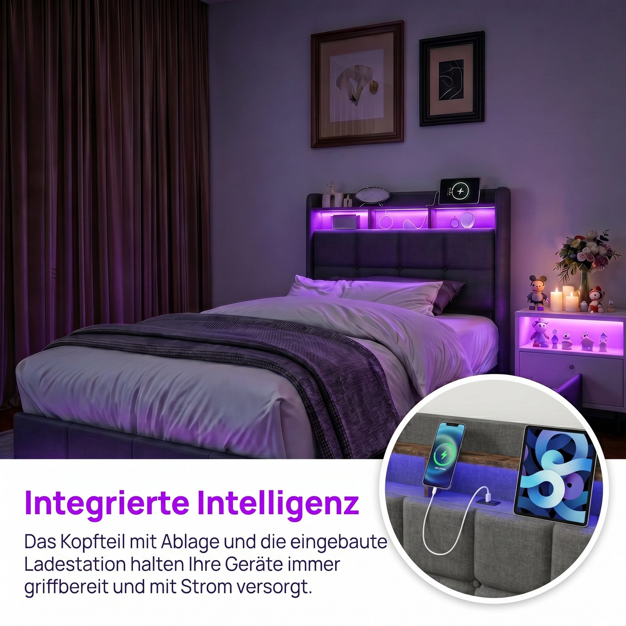 PXloue Polsterbett LED Doppelbett Stauraumbett, mit USB-Laden und Stauraum am Kopfteil,Leinen,90x200 cm – Bild 3 von 5