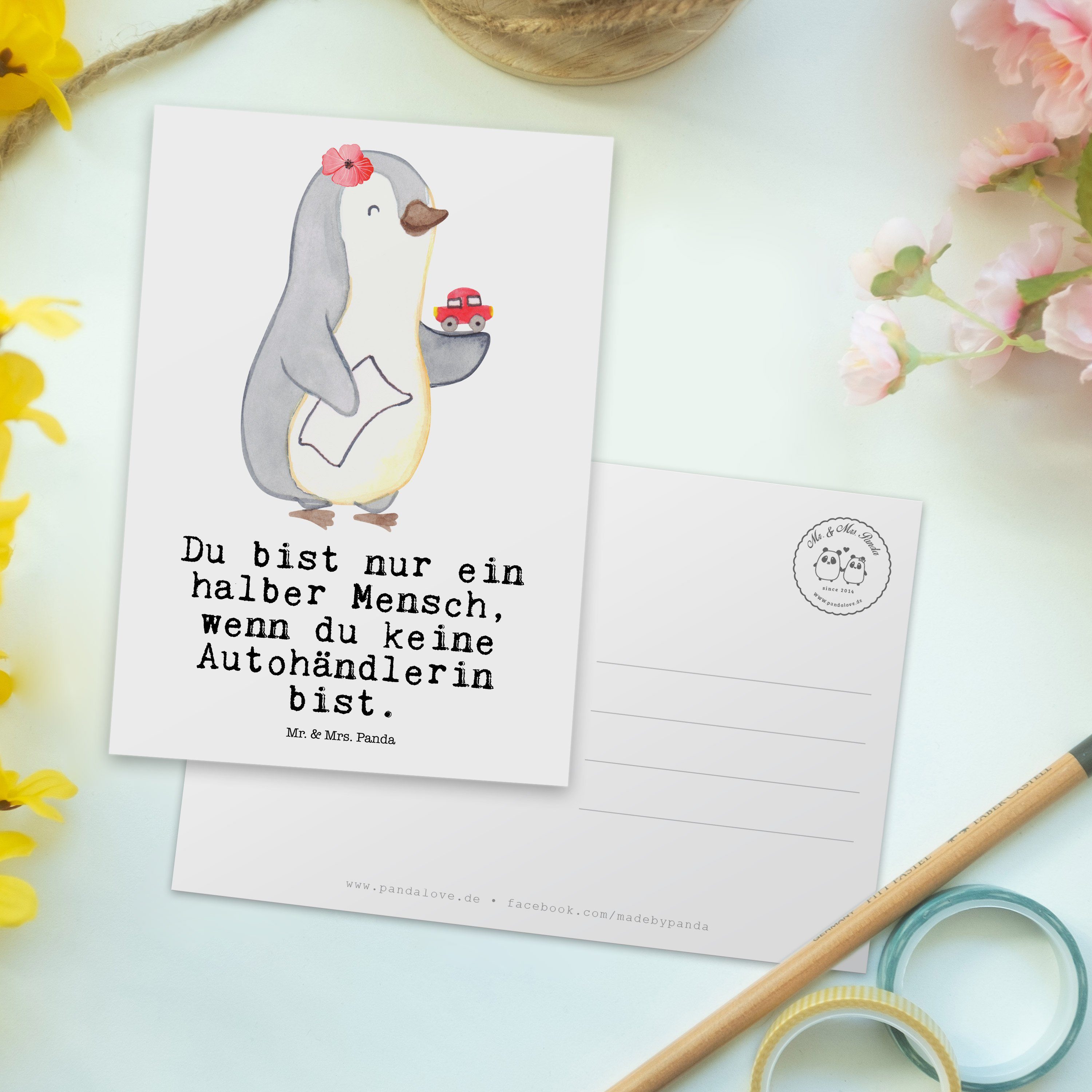 Mr. & Mrs. Panda Postkarte Autoliebe, - Einladung, Herz Weiß Geschenk, Autohändlerin - Autov mit