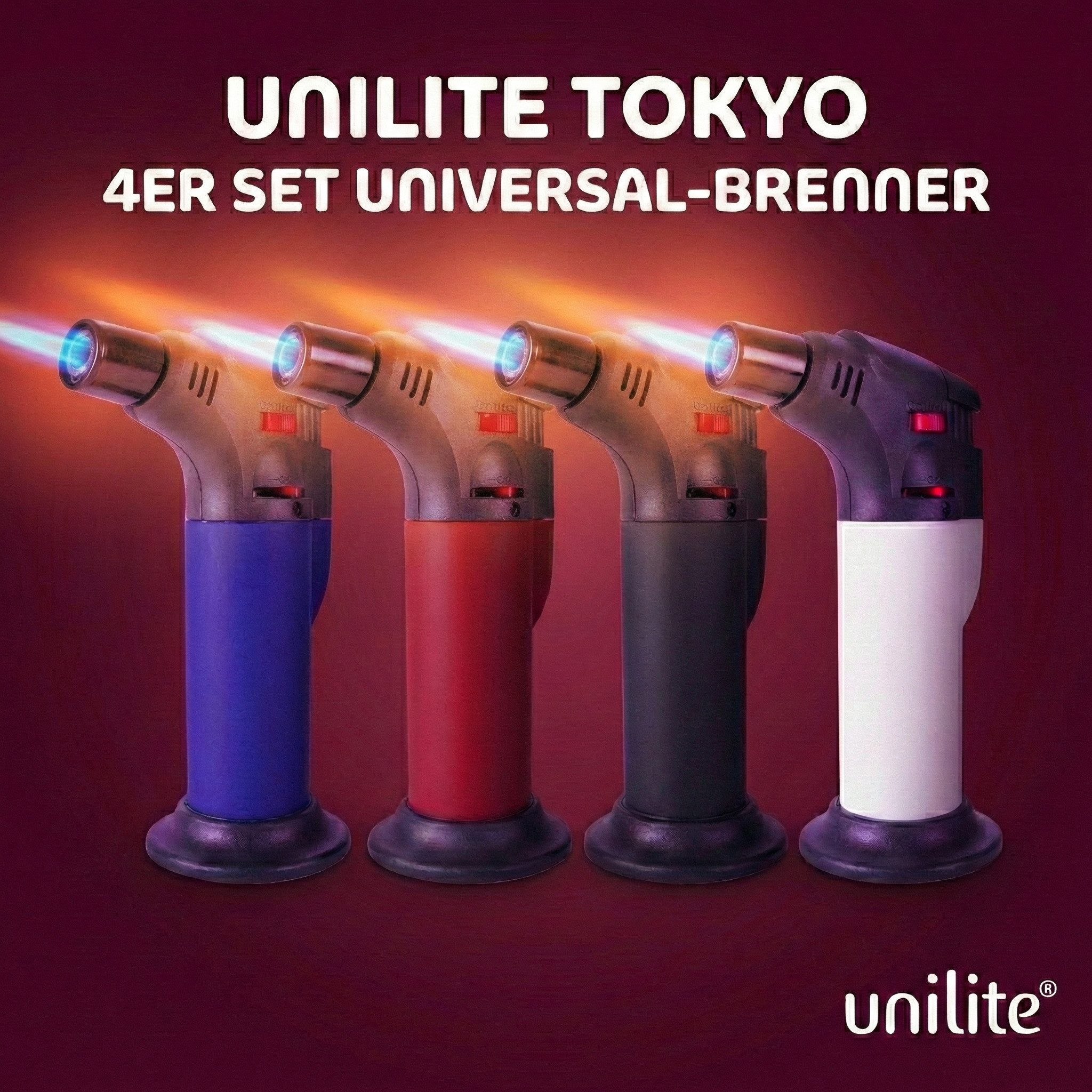 Unilite Flambierbrenner Gasbrenner 4er Set Sturmfeuerzeuge, Nachfüllbar, Jet Flamme, (4-tlg), bis 1300 °C, Standfuß