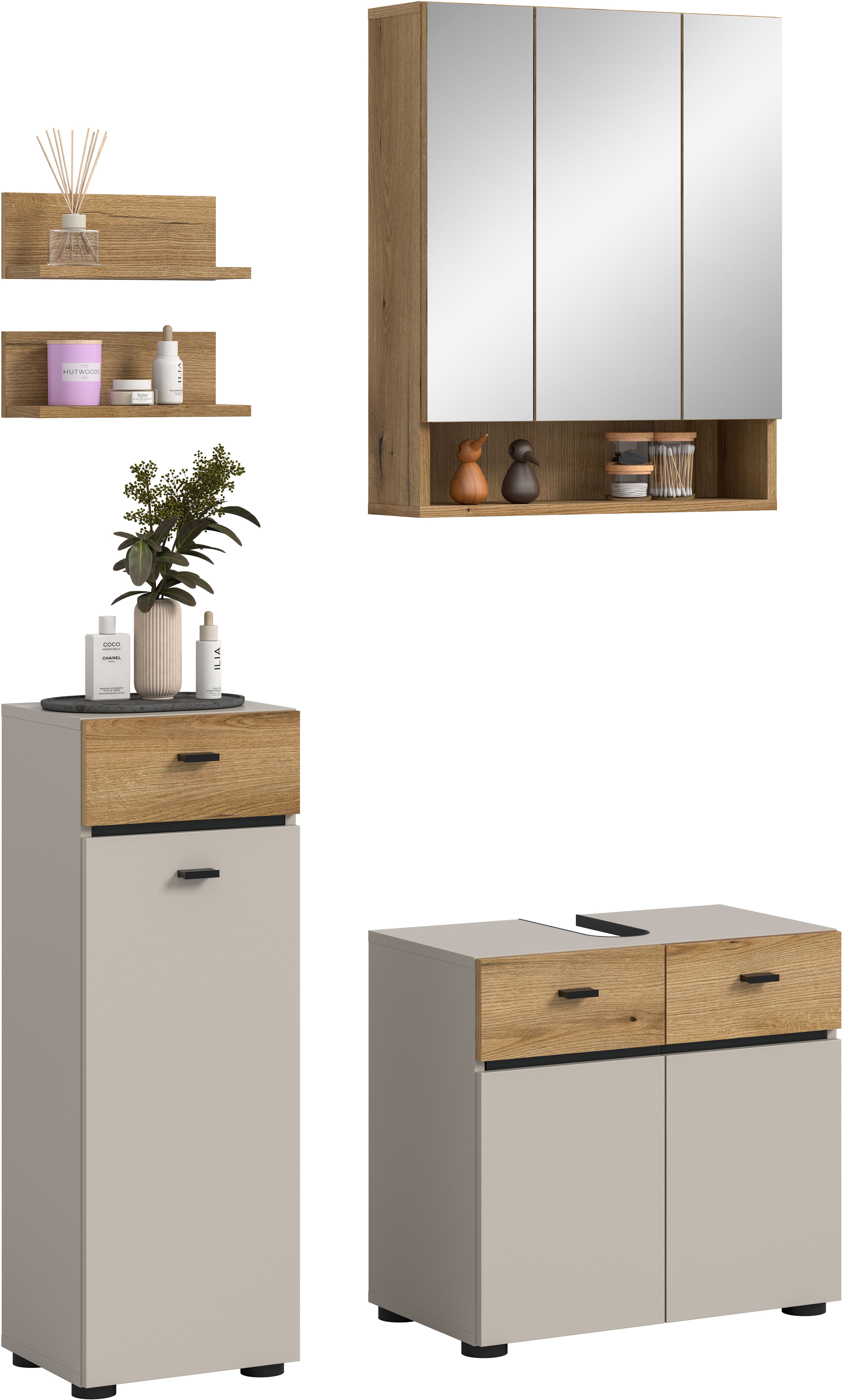 welltime Badmöbel-Set VANN, 5-teilige moderne Badkombination, individuell stellbar, (5-St., Midischrank, 2er Set Wandregal, Waschbeckenunterschrank,Spiegelschrank), Bad-Kombination, Bad-Möbel, Badezimmer, Kombination, Kombi, Bad-Set