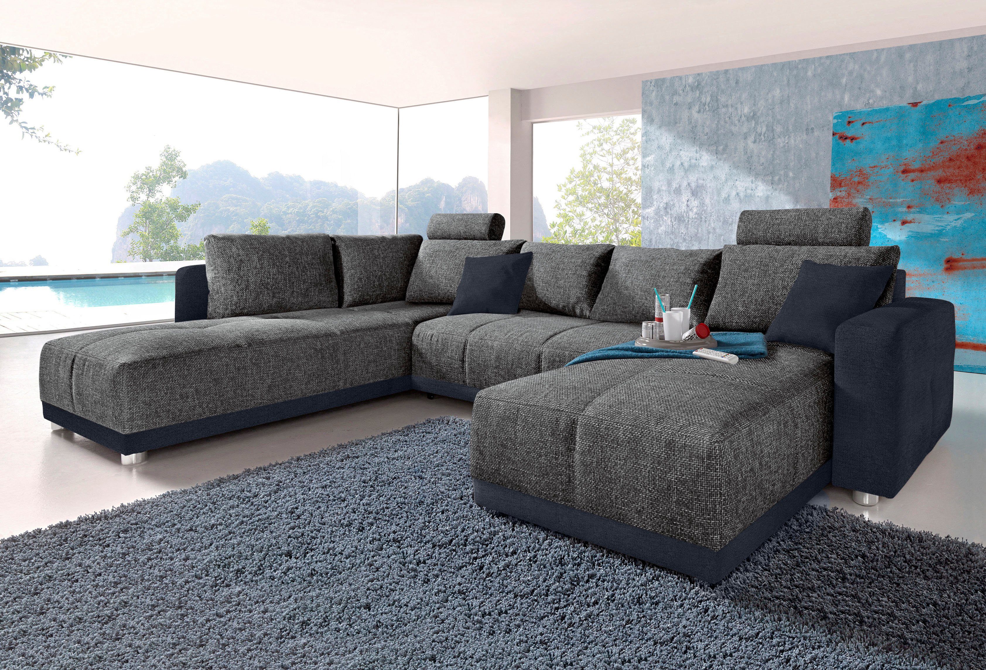 Jockenhöfer Gruppe Wohnlandschaft Orlando U-Form, B: 337 cm, Liegefl. 135x305 cm, mit Schlaffunktion, Bettkasten, 2 Kopfstützen & 2 Zierkissen,Federkern