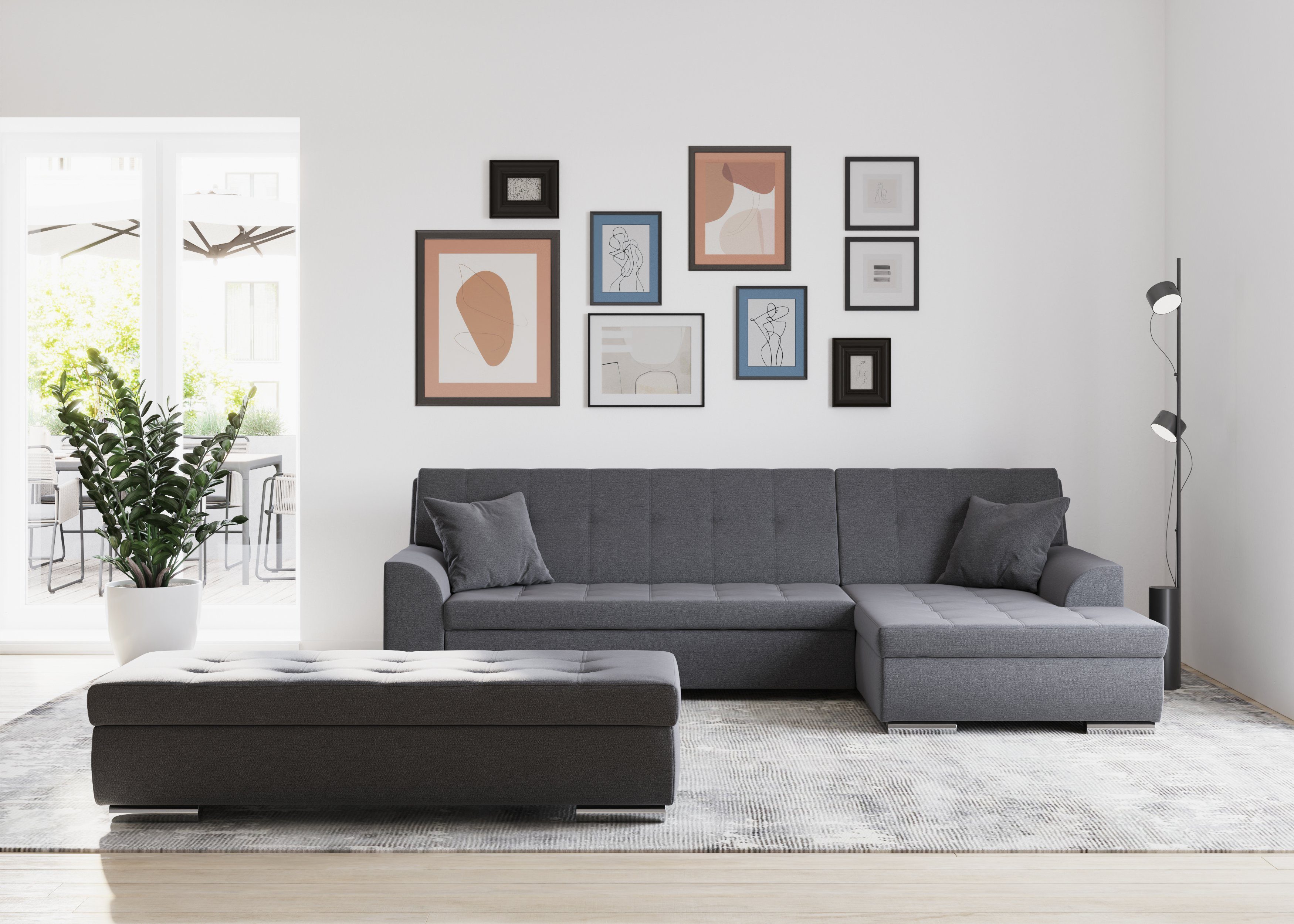 DOMO collection Ecksofa Treviso viele Bezüge, auch in Cord, L-Form, B/T/H: 267/80/83 cm, wahlweise mit Bettfunktion, incl. Zierkissen, hochwertige Steppung