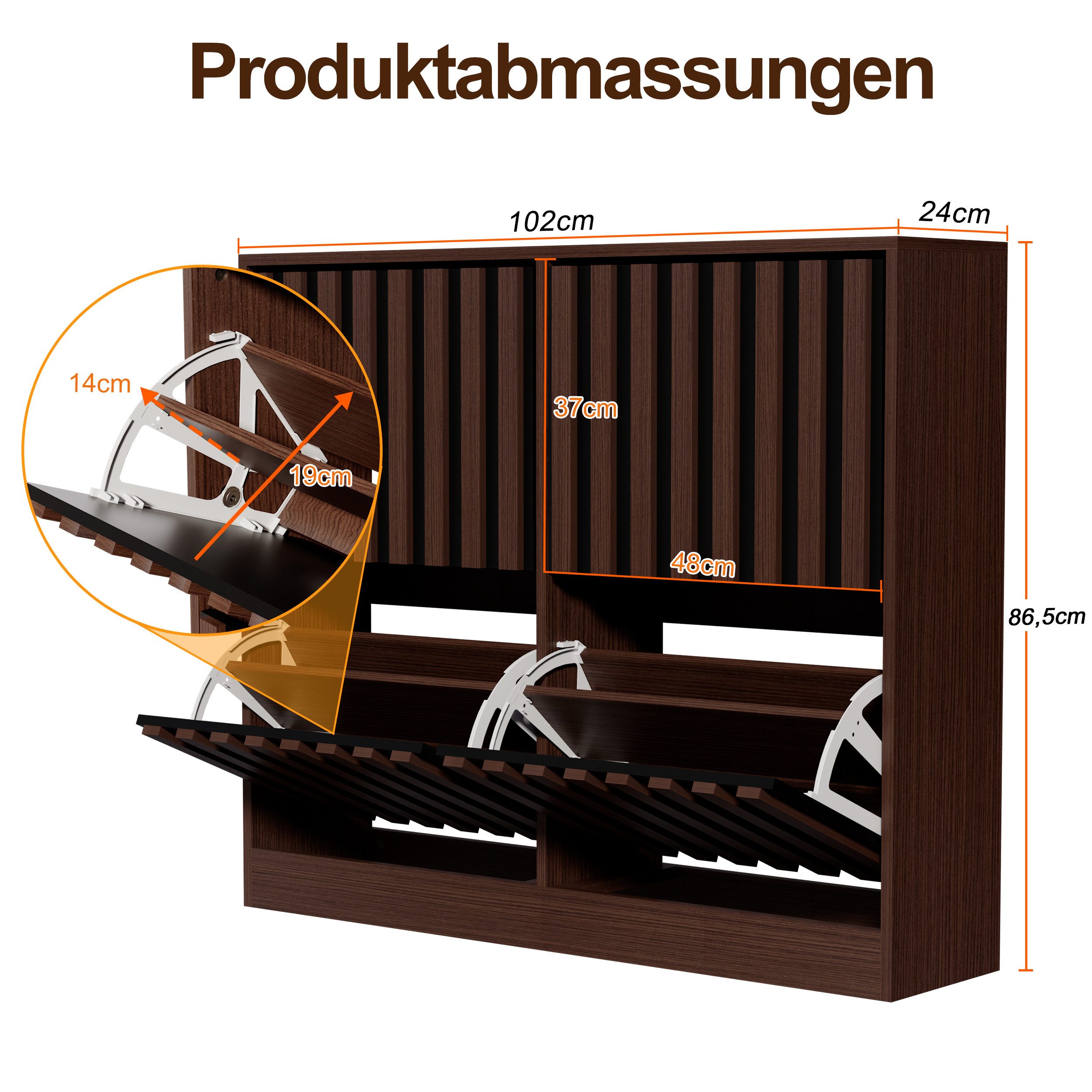 UEV Schuhschrank mit 4 Klappen, Schuhregal Schmal,102x24x86,5cm Schuhkipper Holz (Packung, Schuhkommode mit Kippschutz) verstellbare & herausnehmbare Trennwände – Bild 3 von 5