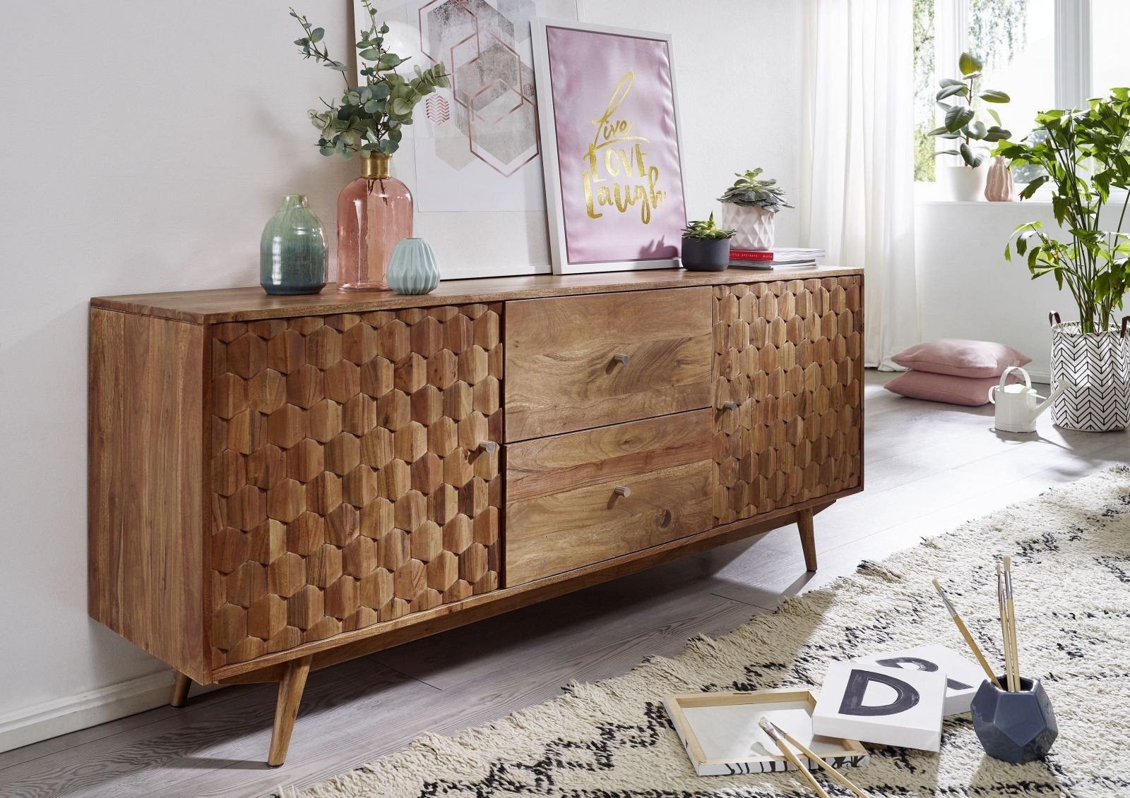 Massivmoebel24 Sideboard Sideboard Akazie 180x42x75 natur lackiert MOSAYK #100