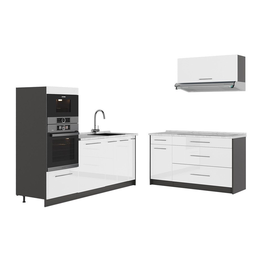 Vicco Küchenzeile Fame-Line, Weiß Hochglanz/Anthrazit, 340 cm, AP Marmor