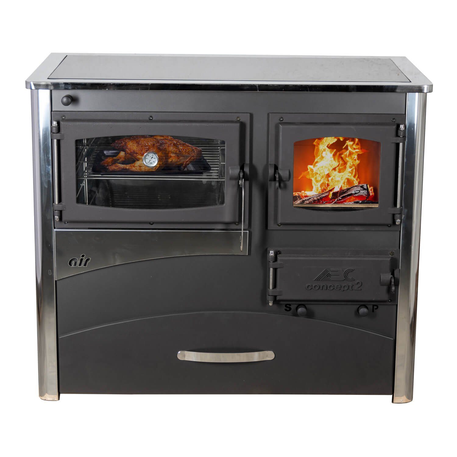 ABC Proizvod Kaminofen mit Backfach und Herdplatte Kochplatte Glaskeramik zum Kochen, Dauerbrand, Mehrfachbelegung, mit Herdplatte aus Glaskeramik, für Holz und Kohle
