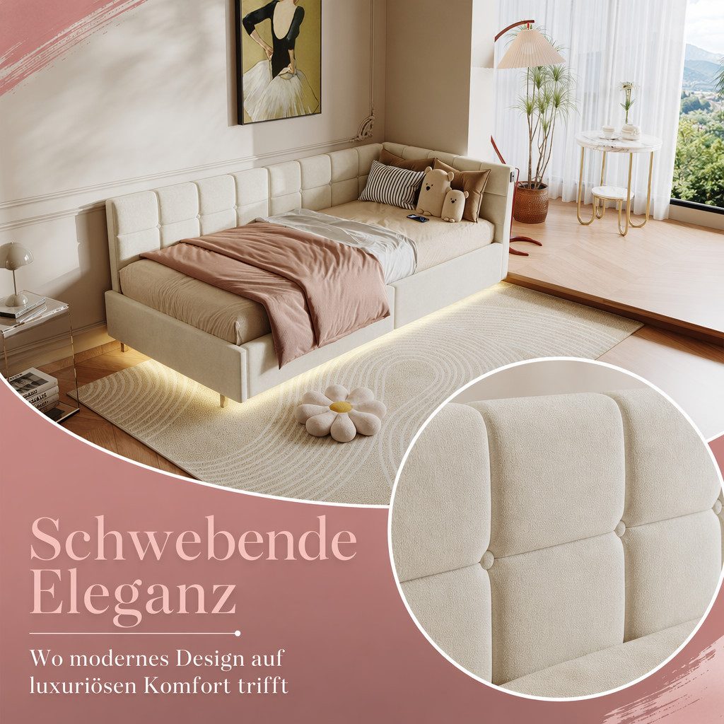 Simurq Daybed Tagesbett 90x200 mit Stauraum, Samtbett, Polsterbett, Gästebett, mit LED & USB Port, L-Form, Mit Lattenrost, Wohnliches Design