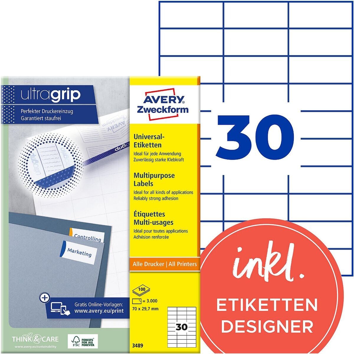 Avery Zweckform Etiketten 3489, 3000 Stück, Adresse universal (70x29,7 mm), selbstklebend