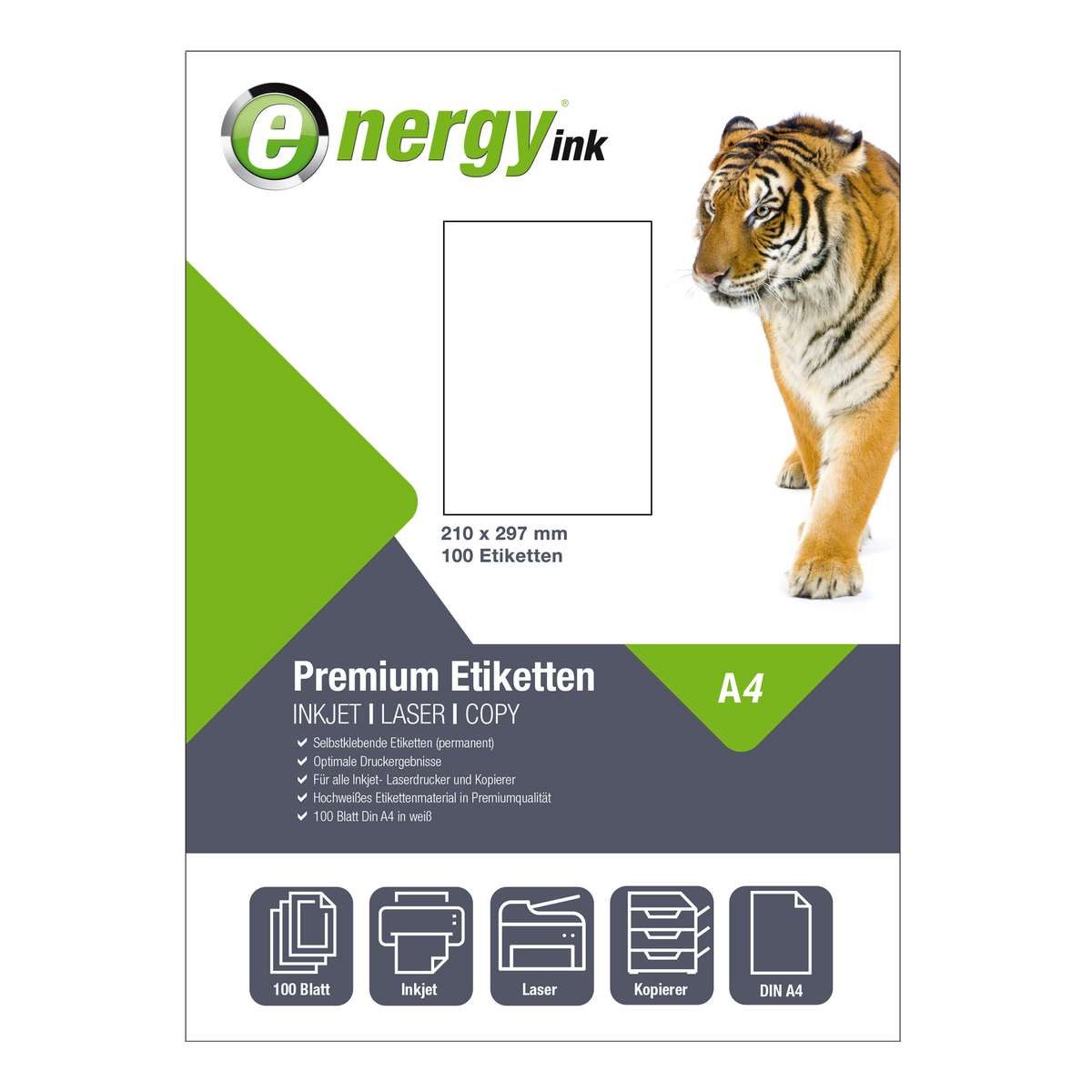 Energy-ink Etikettenpapier energy ink ET210x297, Etiketten 210 x 297 mm 100 Blatt - selbstklebend Din A4
