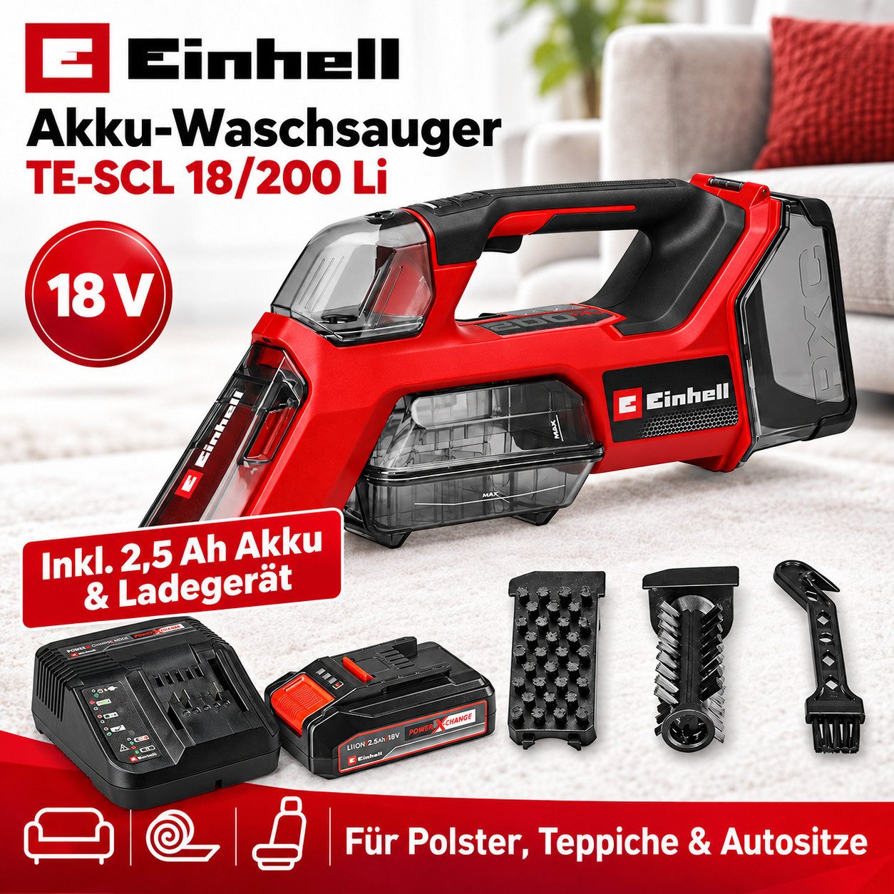 Einhell Wasch-Sauger Einhell Akku-Waschsauger TE-SCL 18/200 Li-18V Akku 2,5 Ah + Ladegerät