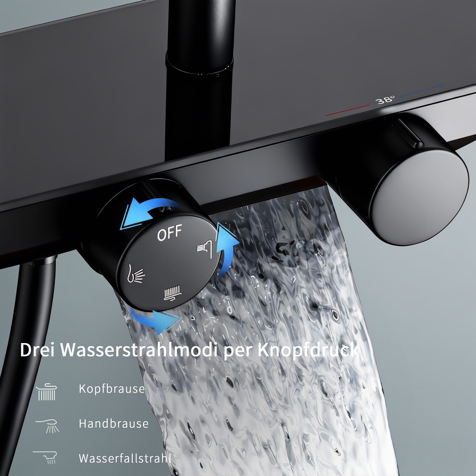 HOMELODY Duschsystem mit Thermostat und Glasablage in Schwarz,Brausegarnitur, 3 Strahlart(en), 12 Zoll Regendusche, 3-Funktions-Handbrause,Schwarz