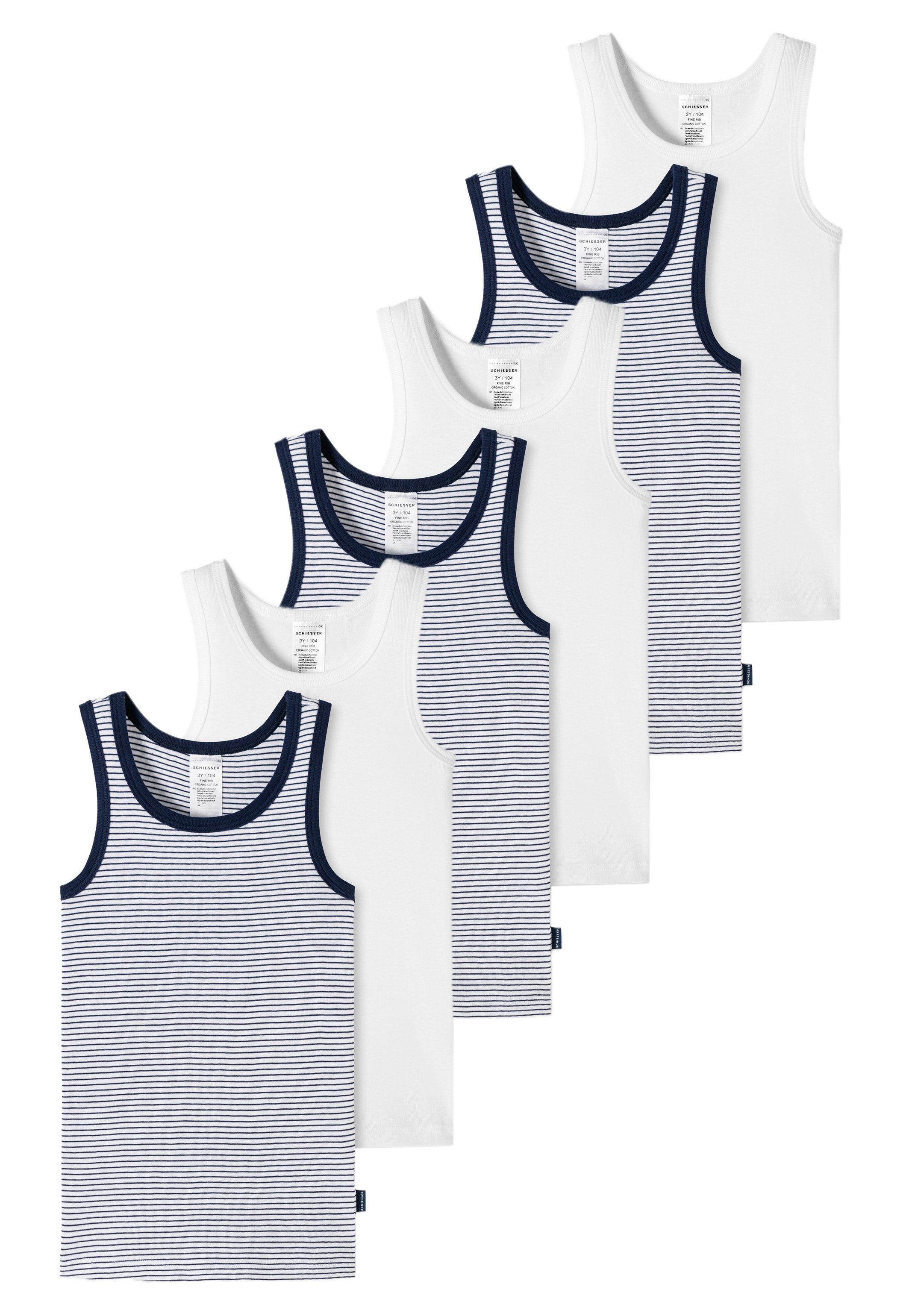 Schiesser Unterhemd Boys Baumwolle Unterhemd gestreift Kids Rundhalsausschnit Pack (Spar-Set, 6-St) Organic / Tanktop Mit Weiß Blau - - Cotton / komfortablem 6er Feinripp