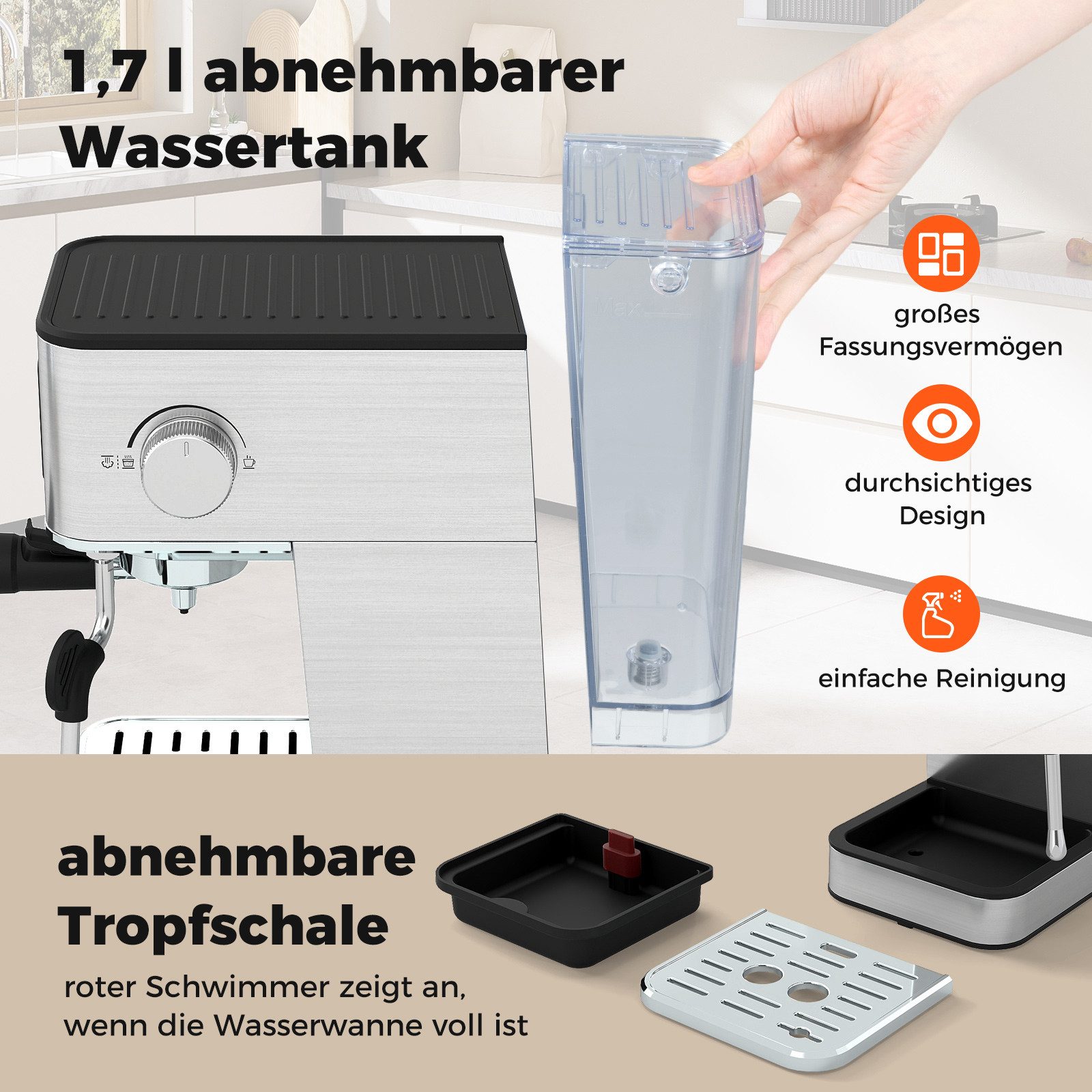 COSTWAY Espressomaschine, 20 Bar, mit Milchaufschäumer & 1,7L Tank, Touch