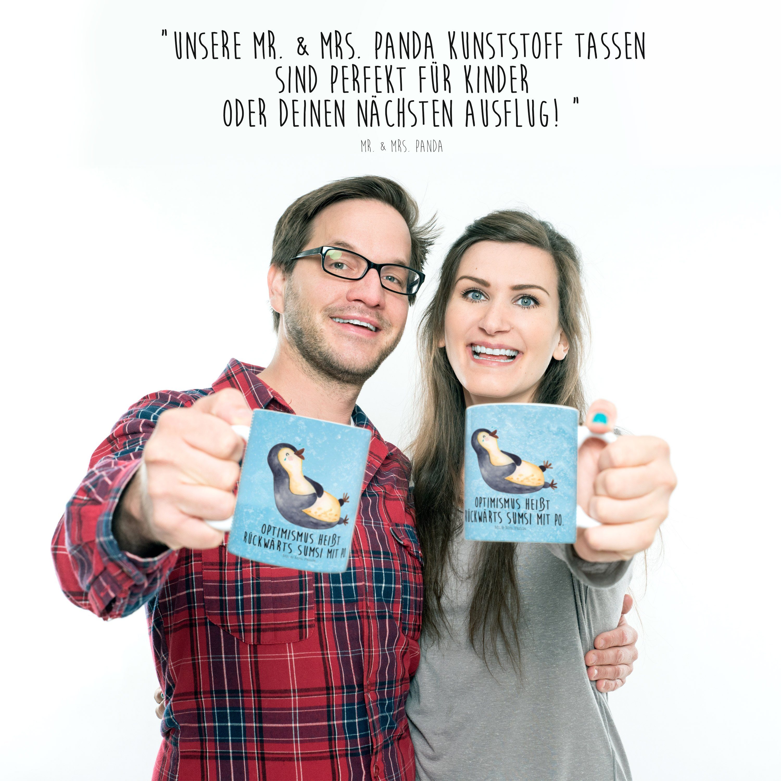 Mr. & Mrs. Pinguin lachend - Geschenk, Kinderbecher Eisblau - Optimismus, Fröhli, Kunststoff Panda Kaffeetasse