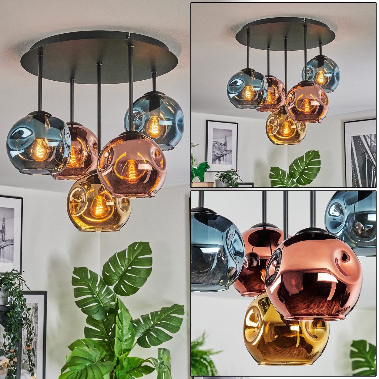 hofstein Deckenleuchte Deckenlampe aus Metall/Glas in Schwarz/Blau/Gold/Kupfer, Deckenleuchte im Retro/Vintage-Design (Schirme Ø 15 cm), 5 x E14