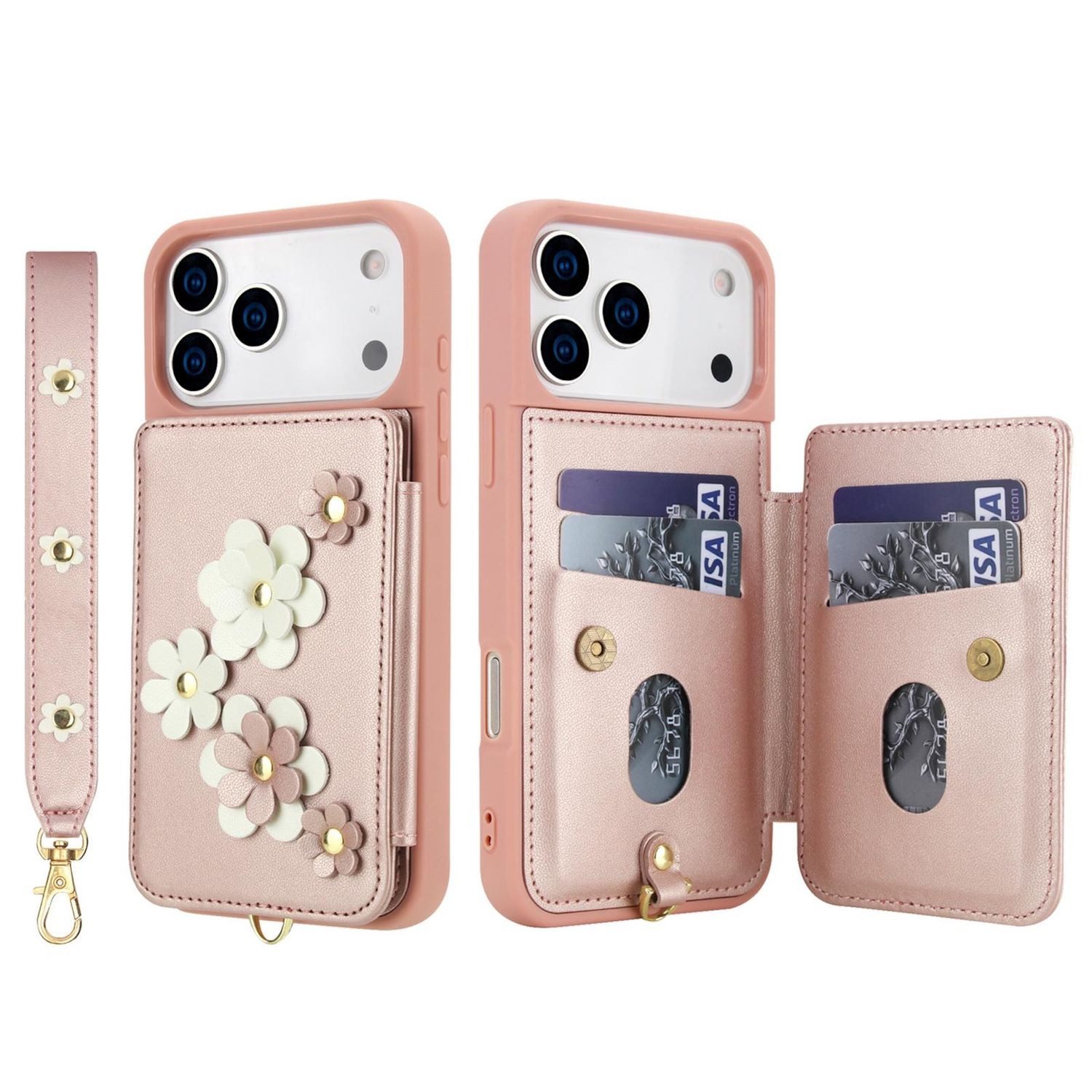 Wigento Handyhülle Für Apple iPhone 17 Pro Crossbody Kunstleder Blumen Hülle Rose Gold, Mit Kartenfächern, Gurt, Kickstand-Funktion