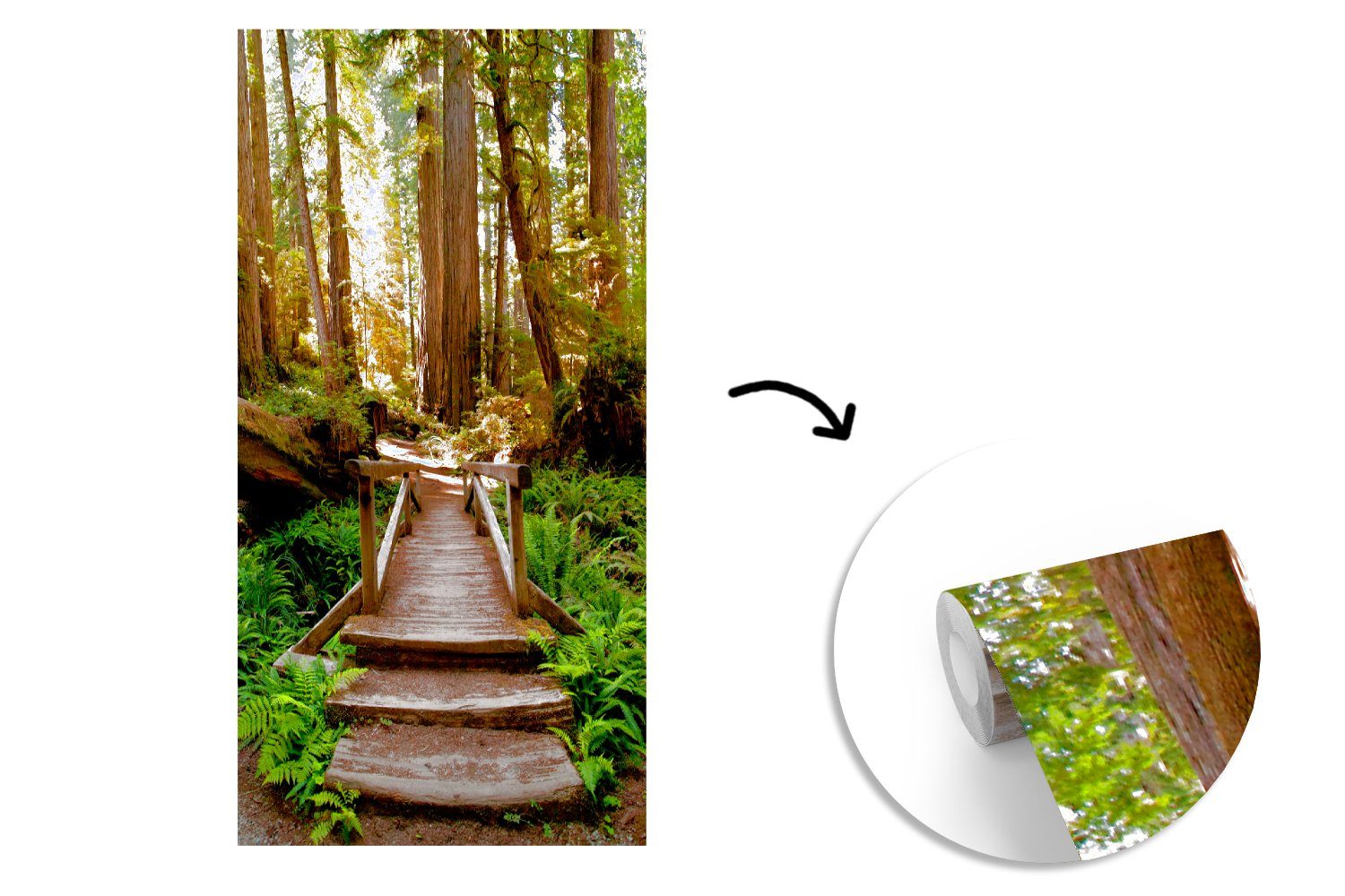 Fototapete - Bäume, (2 Fototapete für Küche, bedruckt, Vliestapete Dschungel MuchoWow Wohnzimmer Matt, Schlafzimmer St), - Natur Treppe -