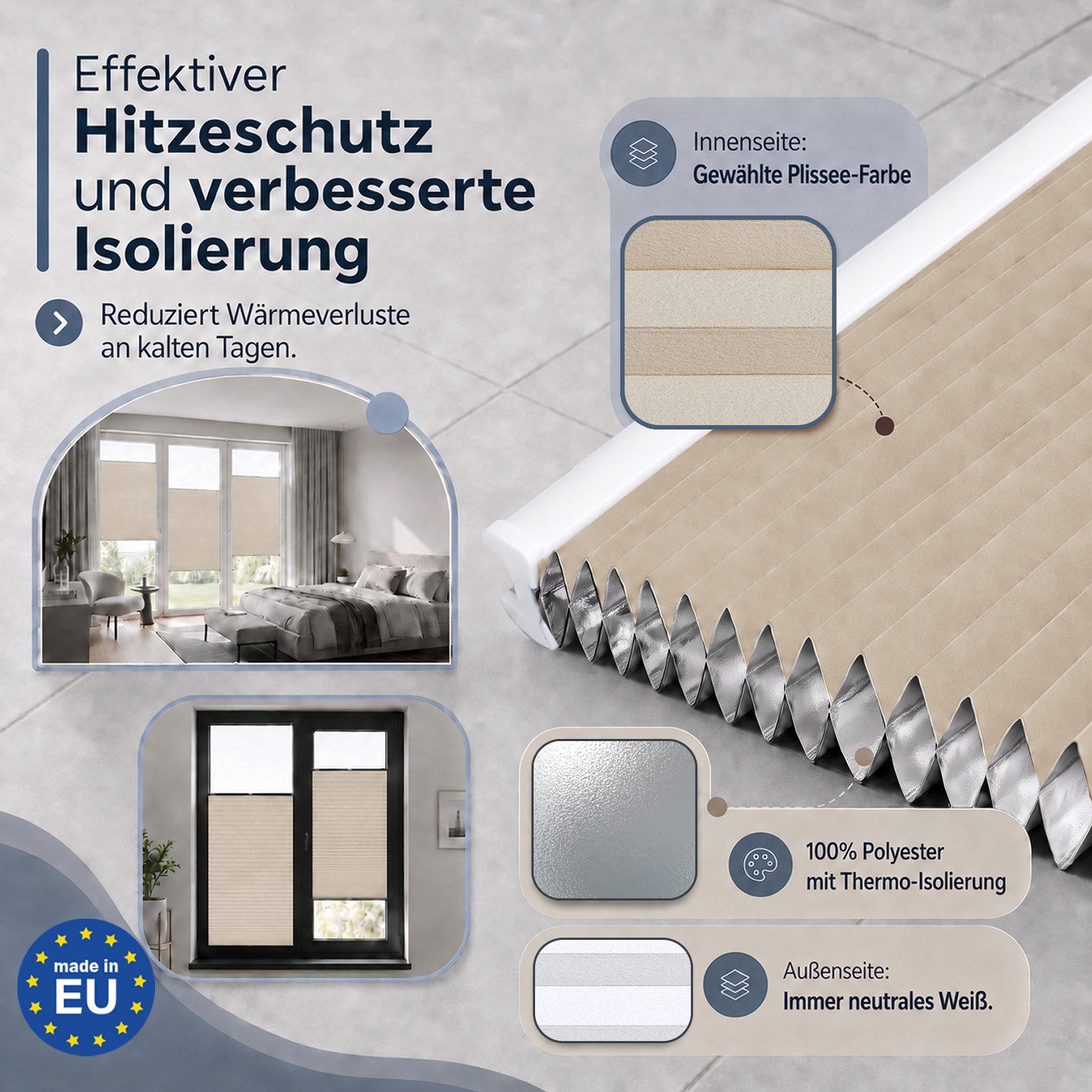 Rikmani Plissee Thermo Fensterplissee ohne Bohren, Warmbeige, 40x130, verdunkelnd, Klemmfix, Langlebige Premium-Qualität, Thermo Plissee