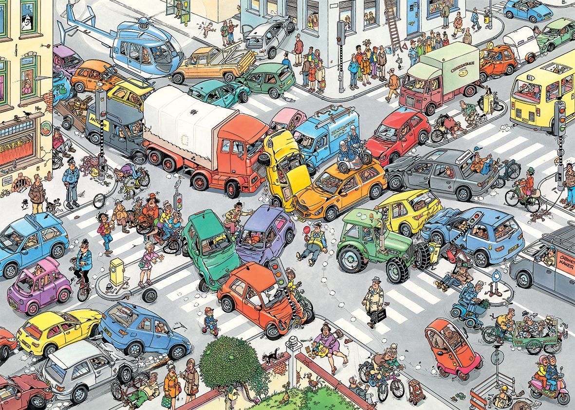 Jan van Haasteren Puzzle Jan van Haasteren Verkehrschaos + Zu Lande, im Wasser, In der Luft, 1000 Puzzleteile