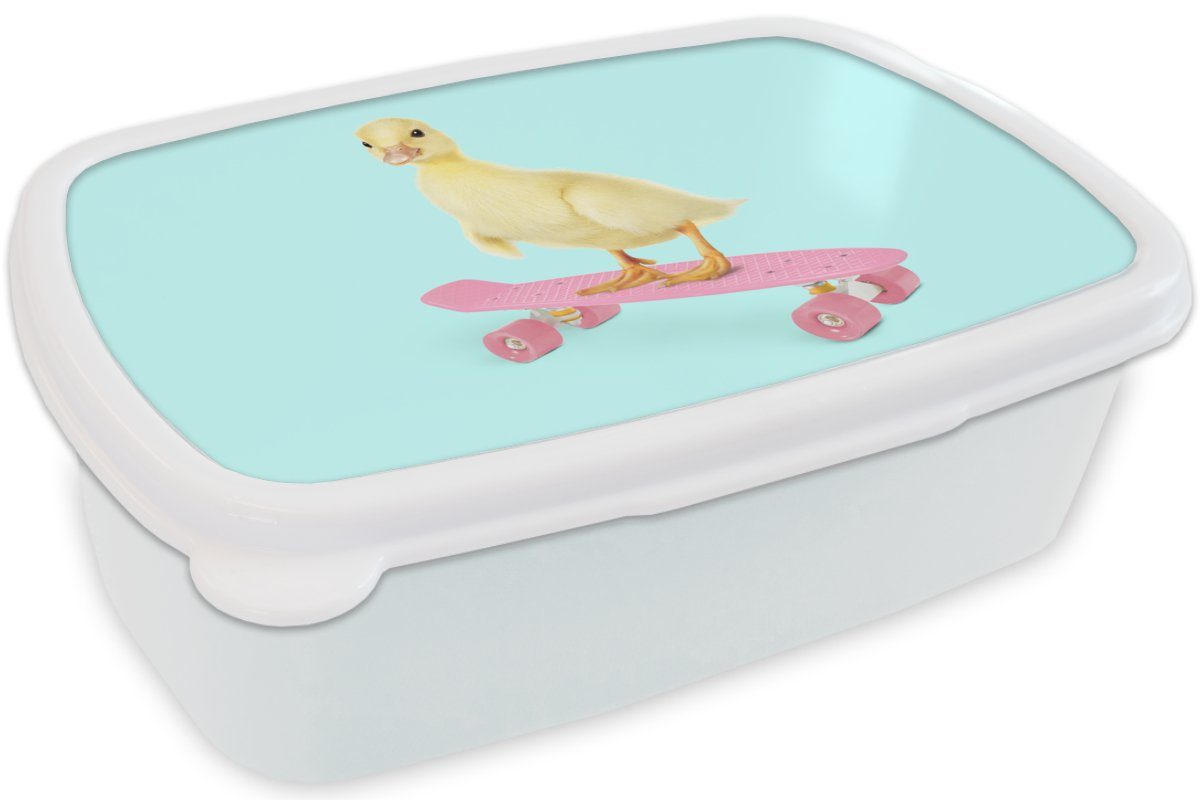 Kunststoff, Jungs Blau Lunchbox und - Erwachsene, Skateboard (2-tlg), weiß Küken MuchoWow Brotbox Kinder Brotdose, - und - Ente - Rosa, Mädchen für für