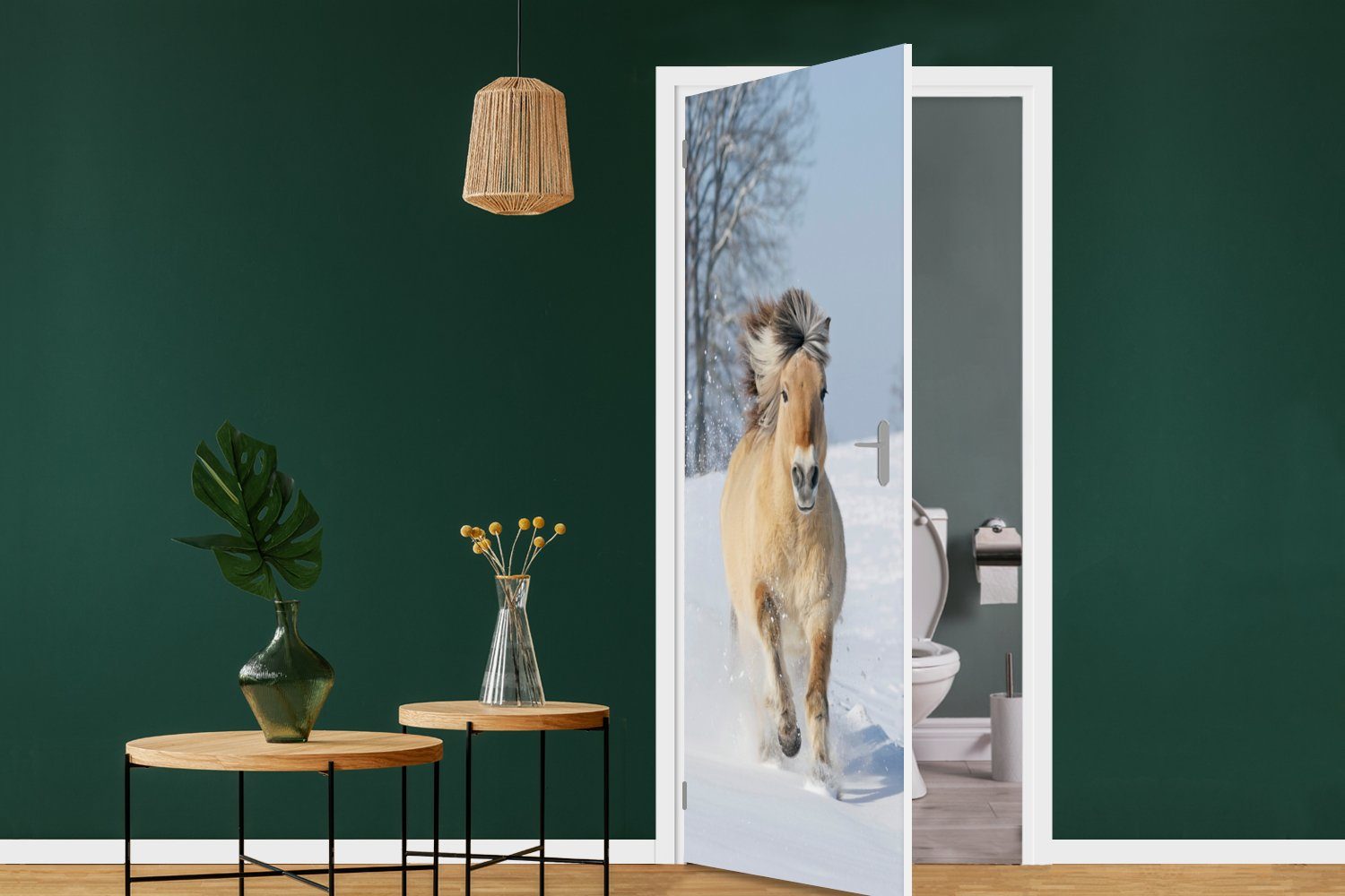 MuchoWow Türtapete Laufendes Fjordpferd im Fototapete Schnee, bedruckt, St), Tür, 75x205 (1 für Türaufkleber, cm Matt