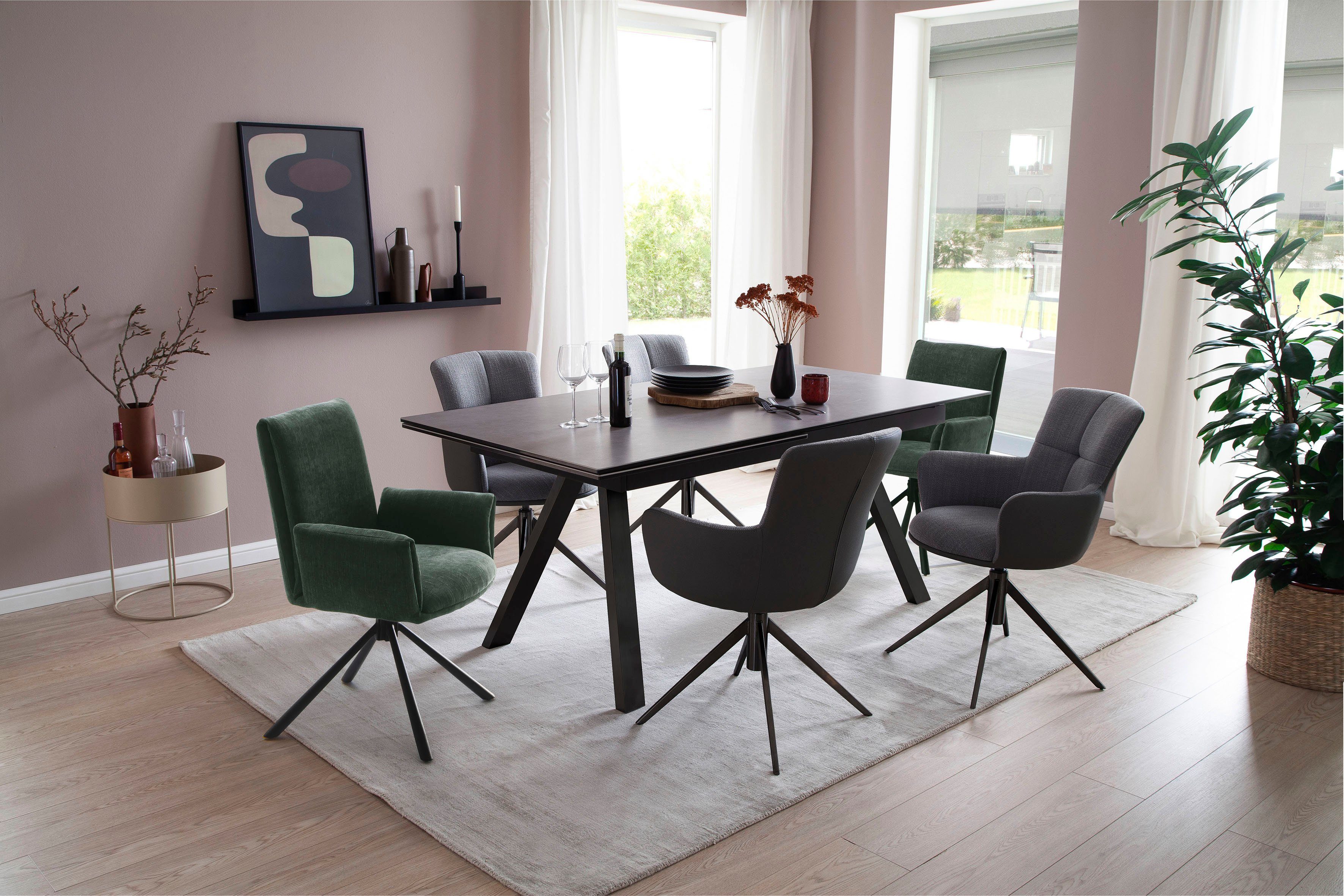 Nivellierung, in furniture Chenille Optik 4-Fußstuhl lackiert Olive Stoffbezug | Boulder, matt Schwarz 180°drehbar MCA mit