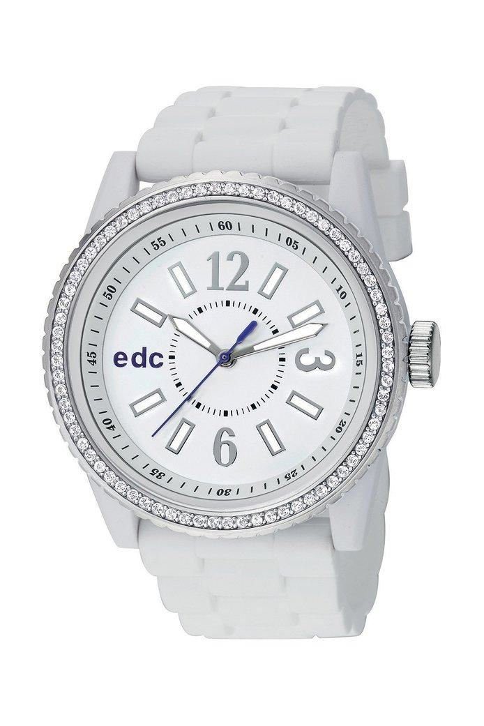 edc by Esprit Quarzuhr Disco Glam Envy - Pure White with Stones, aus Kunsstoff, Edelstahlboden, Silikonband, Zirkonia, Dornschließe