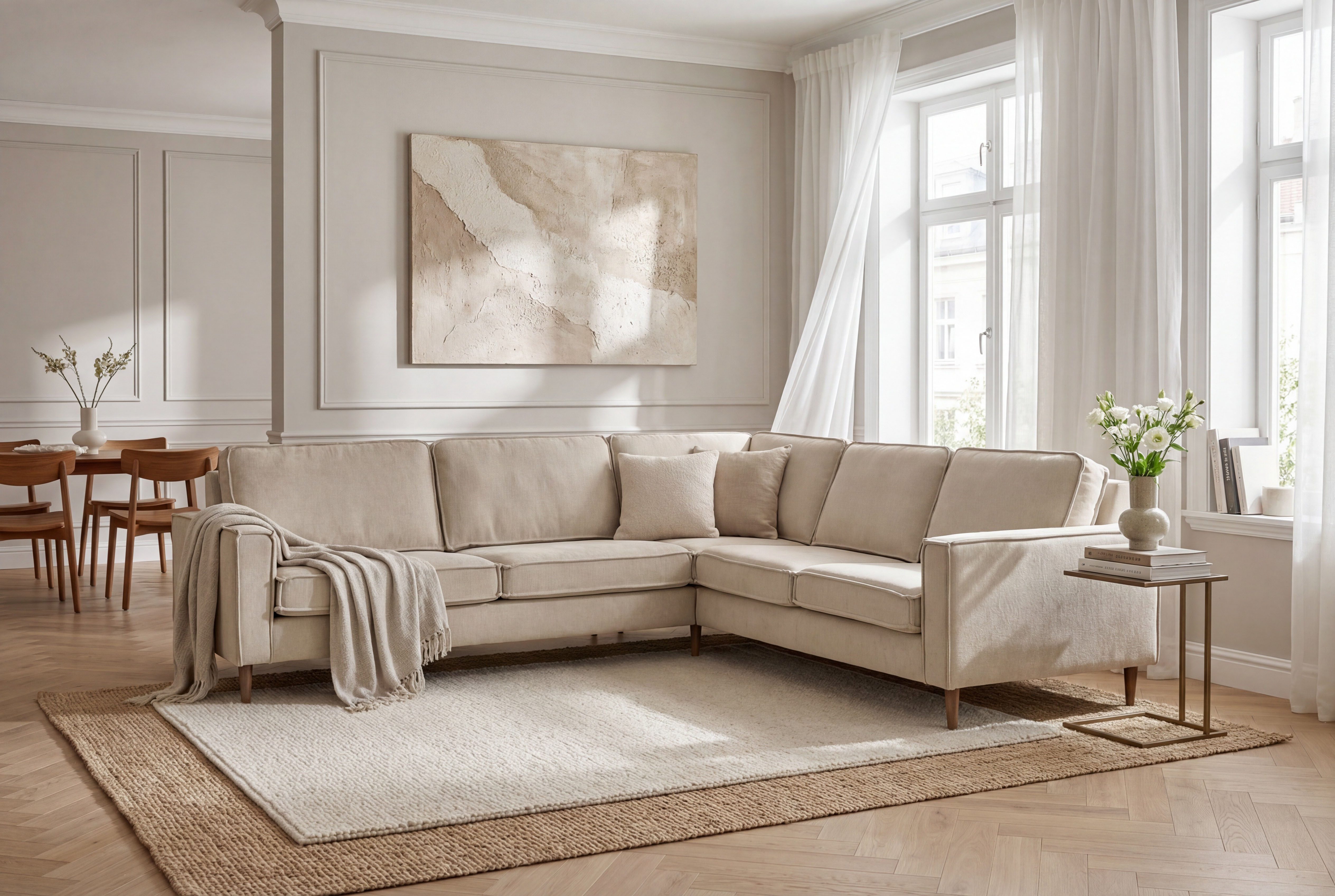 Home affaire Ecksofa Pinto Skandi, 290 cm, Chenille, Struktur, Ottomane links / rechts, mit Keder, Massivholzfüße Eiche geräuchert, Wellenunterfederung