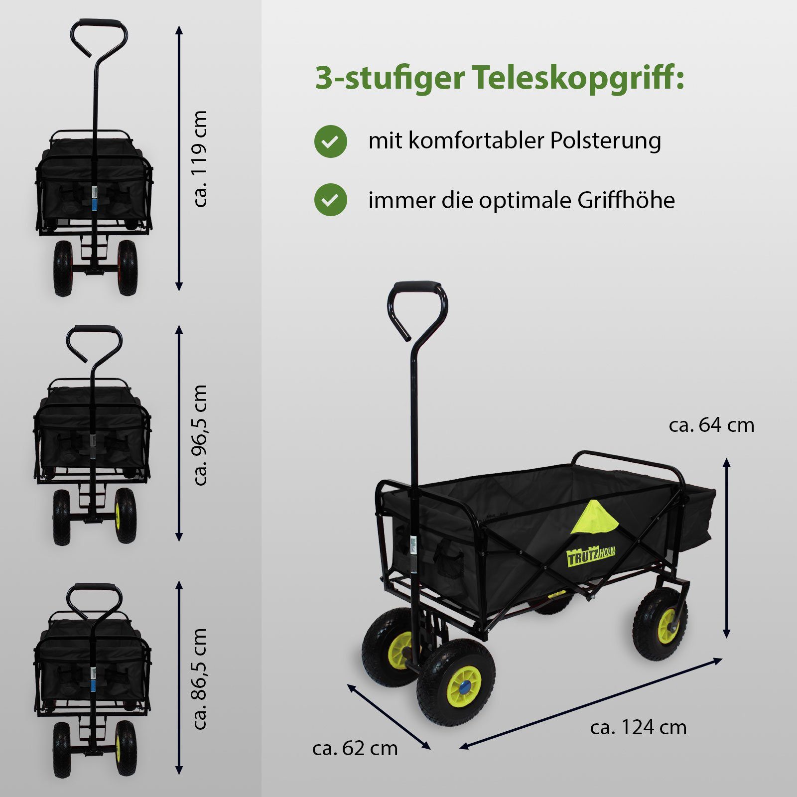 TRUTZHOLM Bollerwagen Teleskopgri Hecktasche Bollerwagen und mit Faltbarer Vollgummi-Rädern