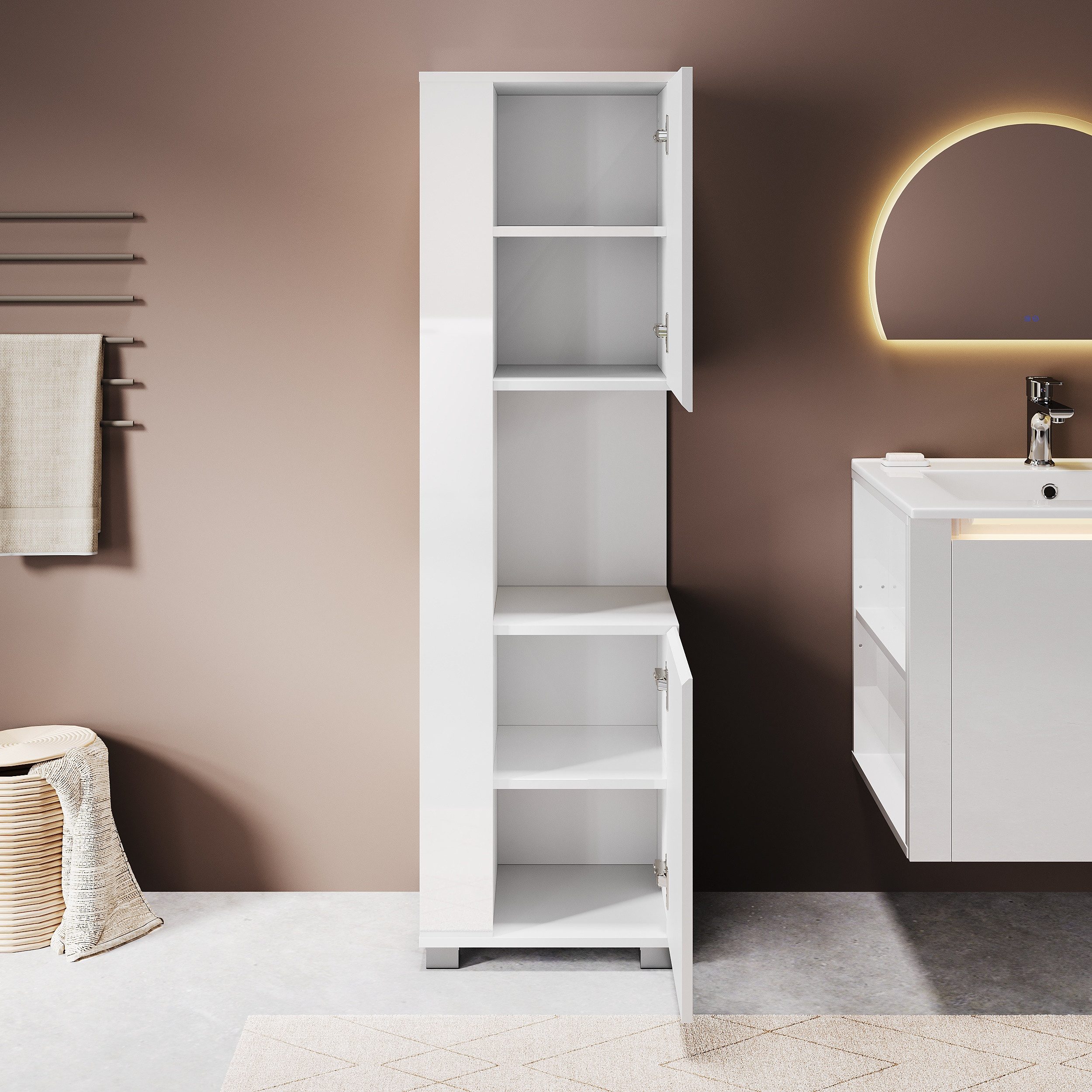 SONNI Hochschrank Badezimmerschrank Hochschrank Höhe:138/180cm mit Beleuchtung Badschrank schmal Hochglanz Weiss 40cm breit