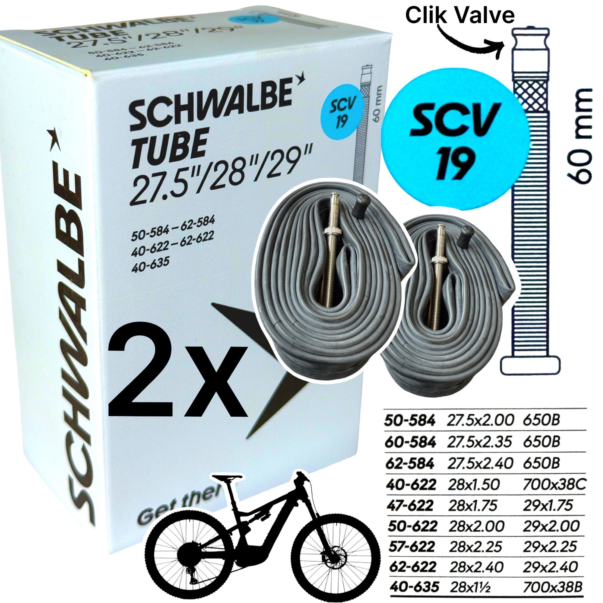 Fahrradschlauch 2x Schwalbe MTB Fahrrad-Schlauch SCV 19 I 27,5" 29" 2.4 Clik Valve