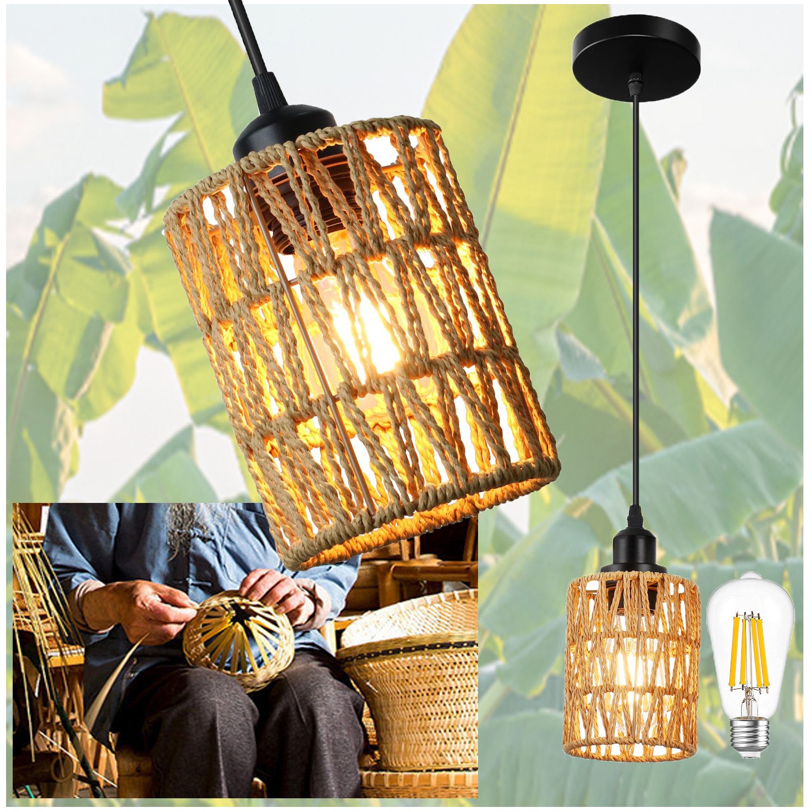 MUPOO LED Pendelleuchte 1/3-flammige Rattan Deckenlampe günstig online kaufen
