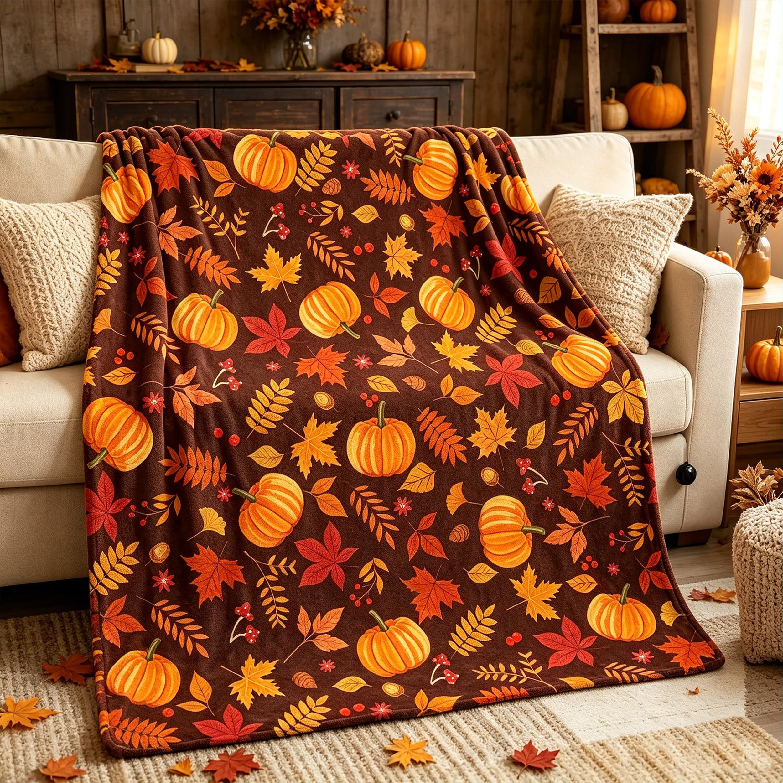 Wohndecke Herbstdecke mit Kürbis- und Ahornblatt-Motiv 130x150cm, FOUORTUNATE-BEE, warme gemütliche Thanksgiving-Erntedeko für Sofa, Couch und Sessel